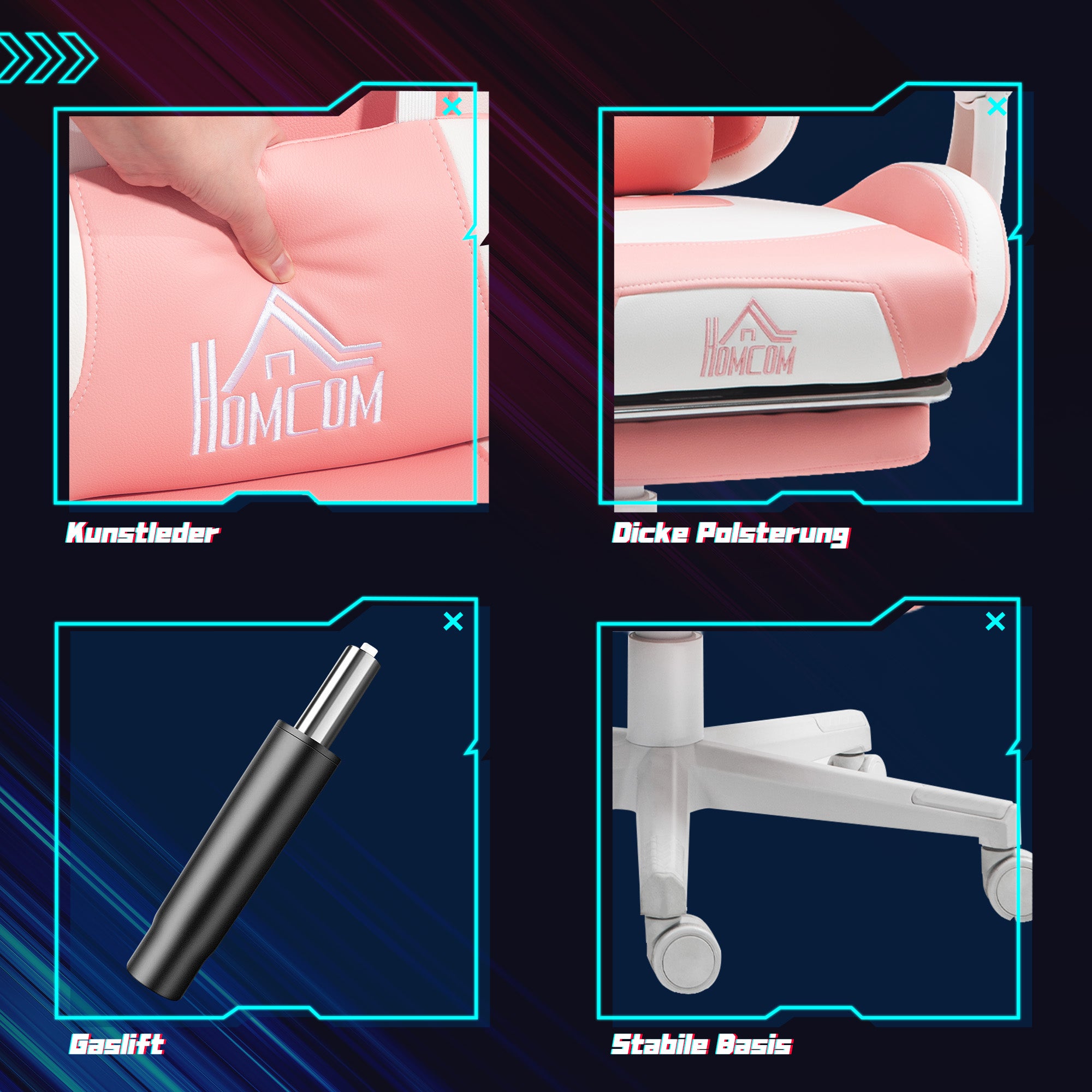 Gaming Chair with Lumbar Support, Footrest, Cat Ears, Pink