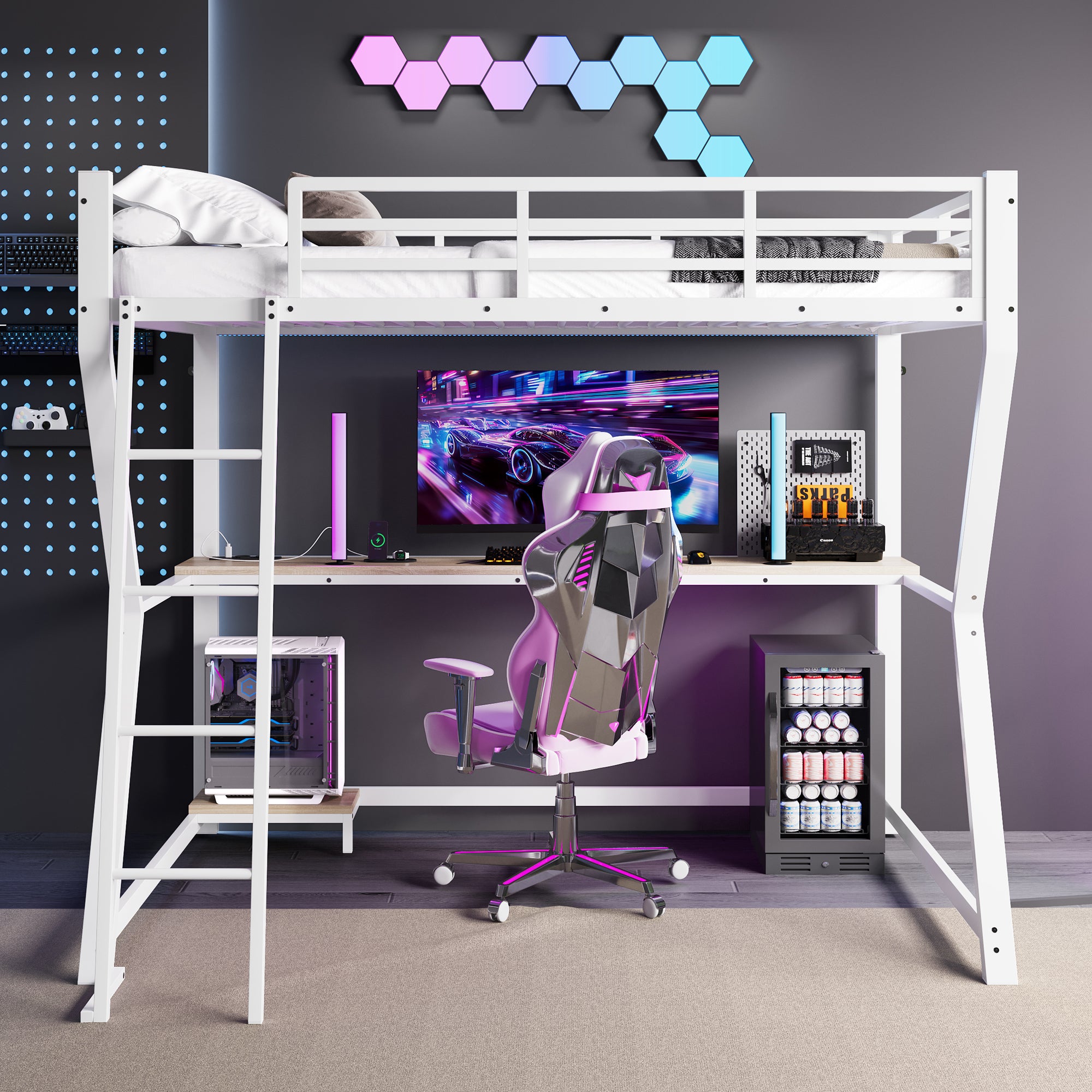 Loft Bed 90x200cm Desk LED USB Port Stairs - White