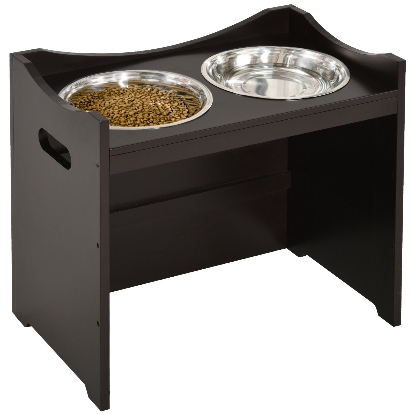 Dog Bowl Feeding Station, Height-Adjustable, Stainless Steel, Dark Brown MDF