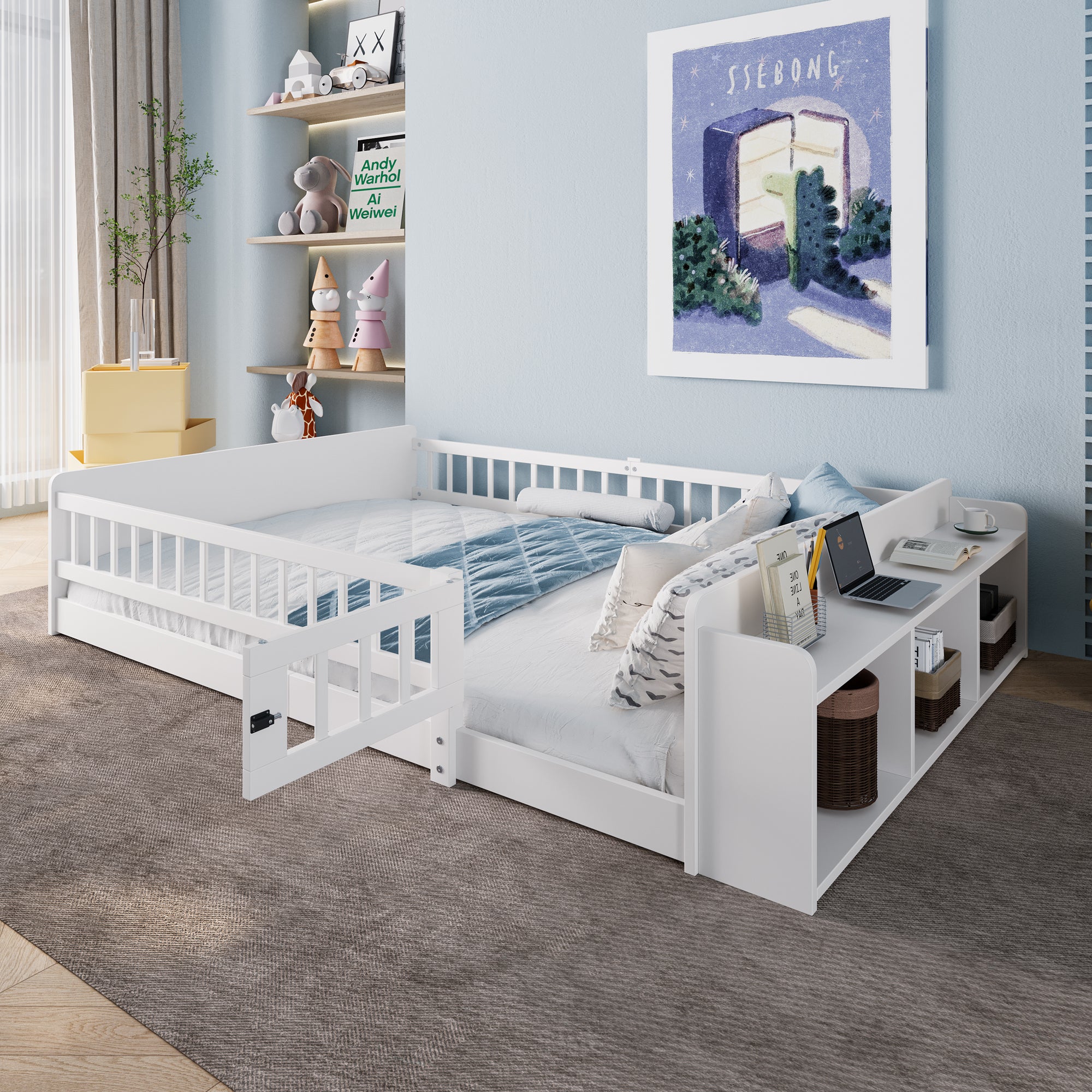 Wooden Bed Children's Storage Bed 140x200cm White Pine Wood