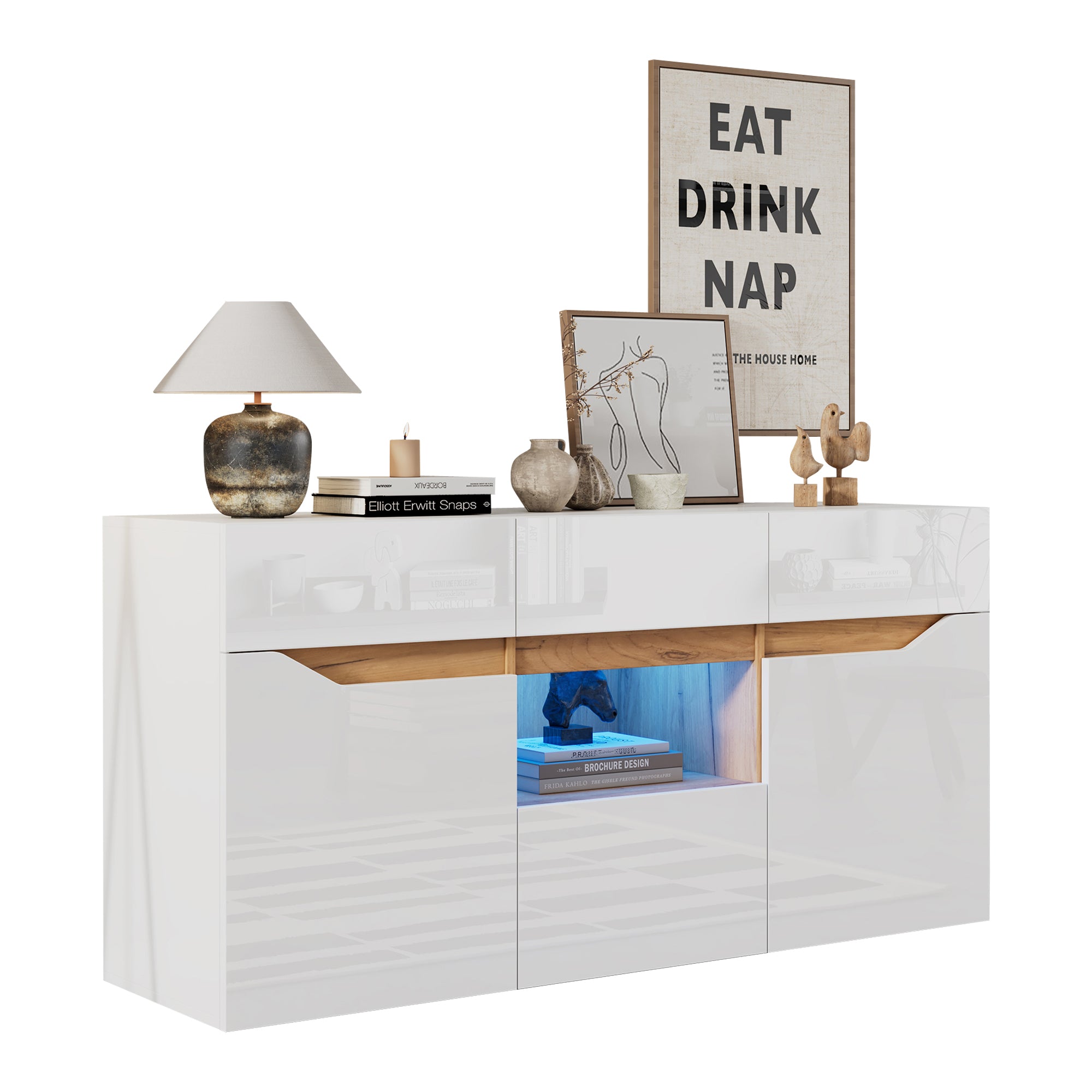 Living Room Sideboard, 4-Drawer Cabinet with LED Lighting, White & Wood