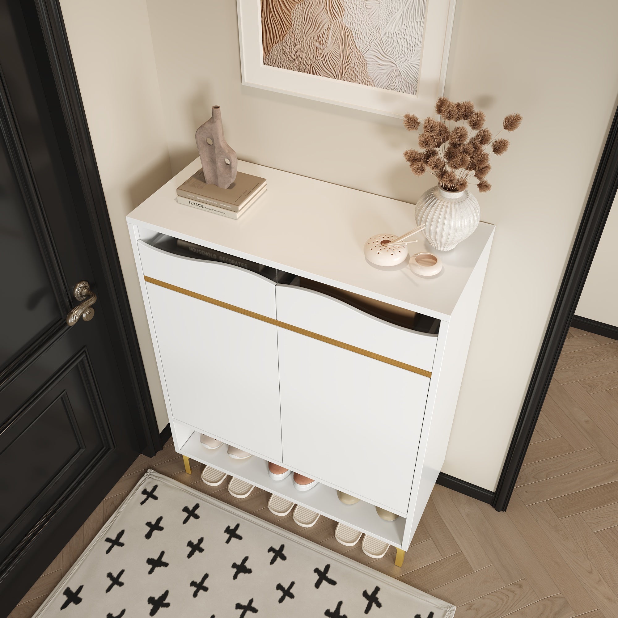 Shoe Cabinet, LED 16 Colors, Drawers & Shelves, Modern White