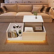 Lift Up Coffee Table Hidden Storage LED High Gloss, White MDF+Glass