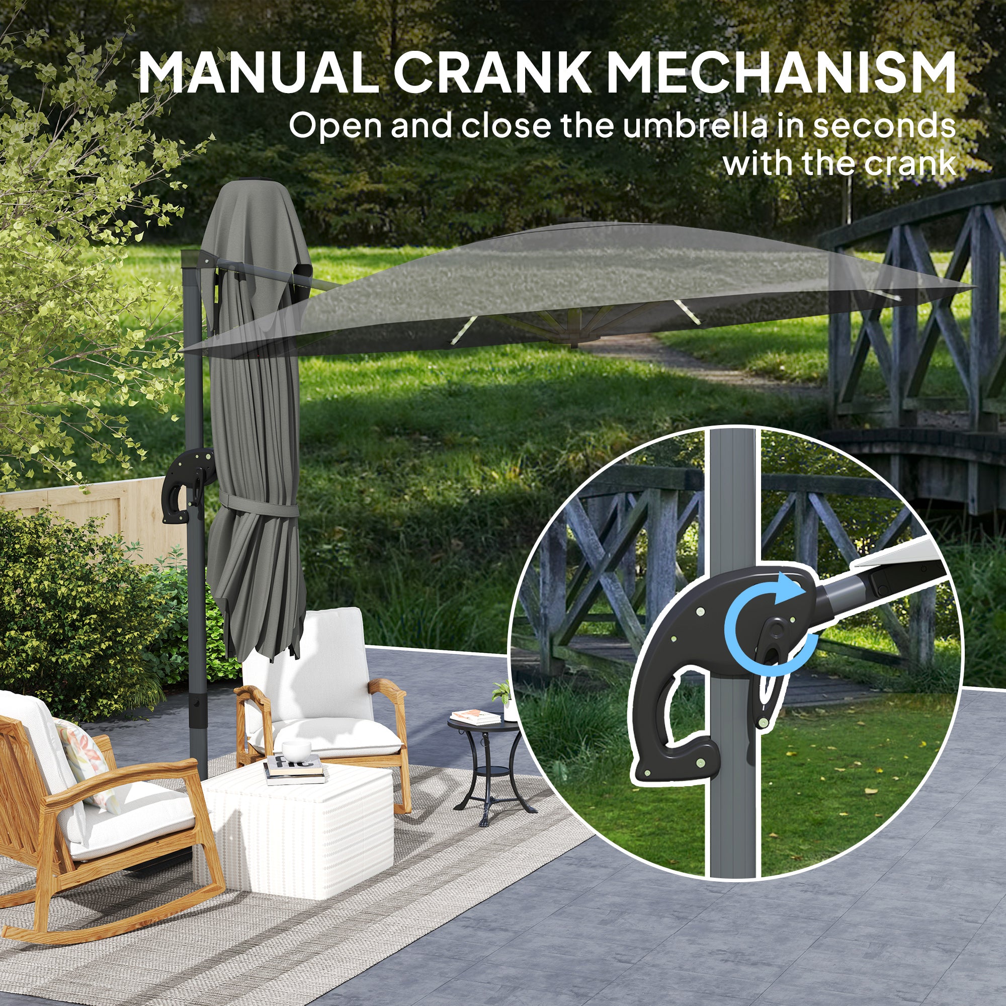Cantilever Garden Parasol, Solar Powered Lights, Crank Handle, Cross Base, UPF 50+, 360° Rotation, Dark Grey