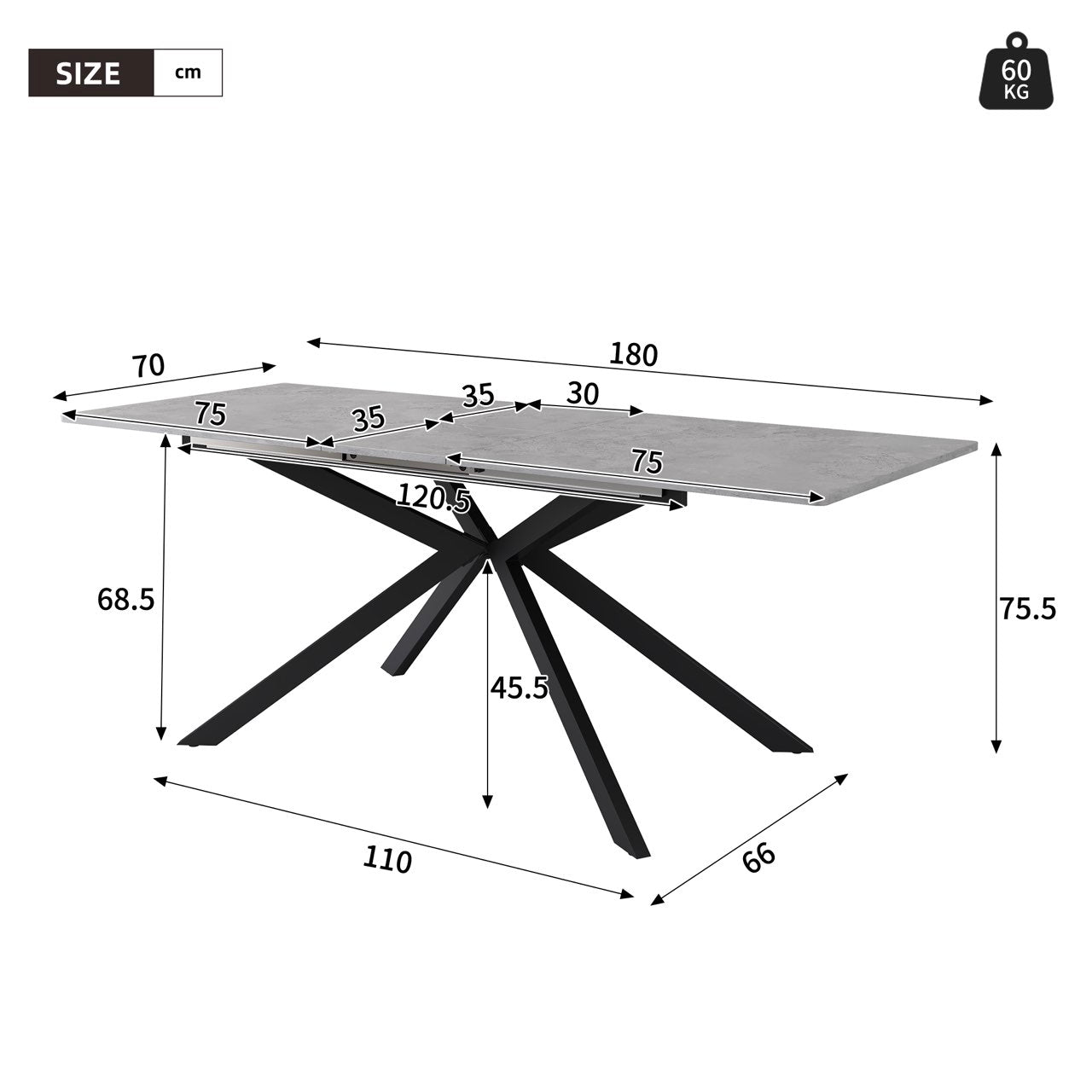 Extendable Dining Table Automatic Rectangular Cross Leg L150/180cm - Cement Pattern Black/Grey