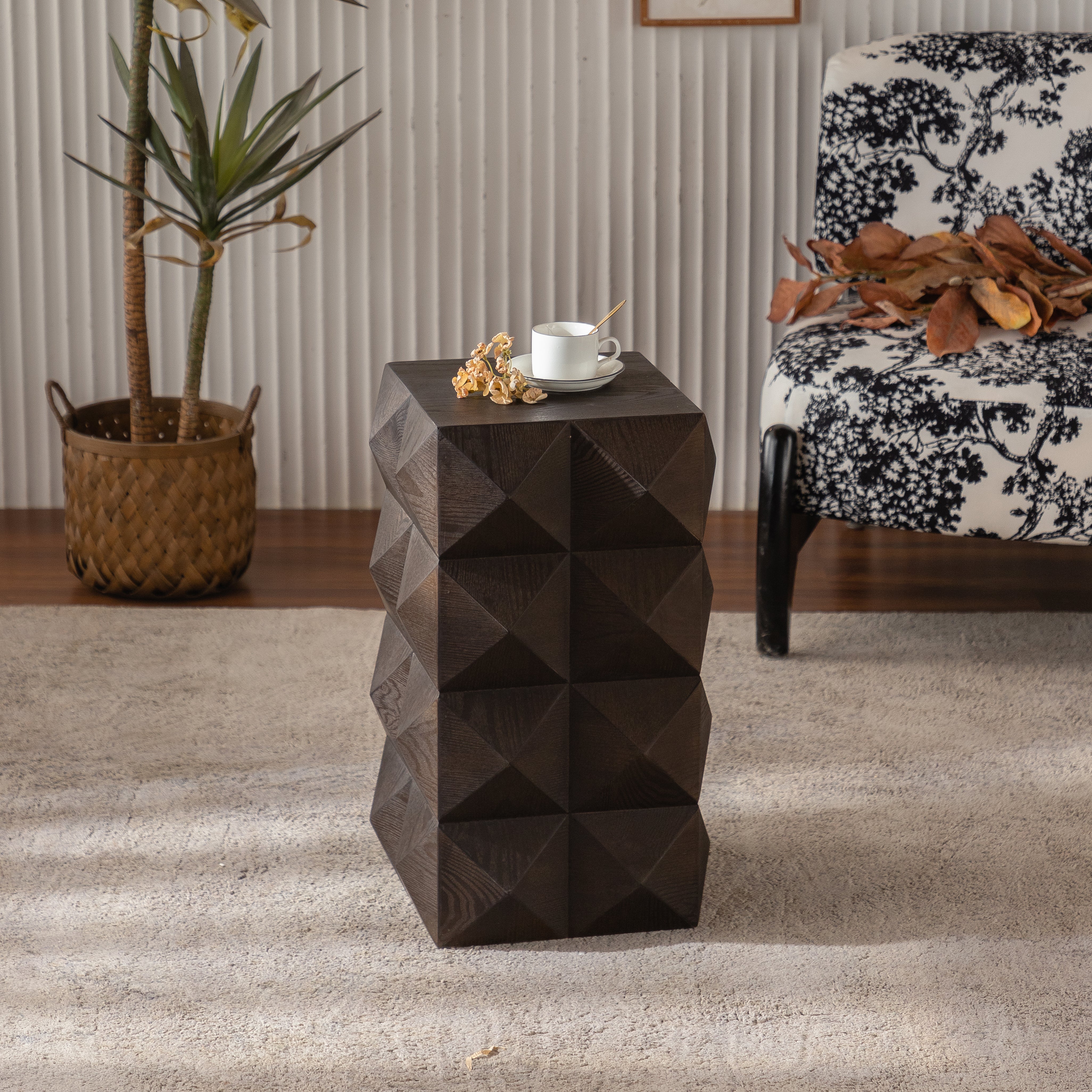 60cm height three-dimensional embossed pattern design retro side table retro wooden nightstand brown