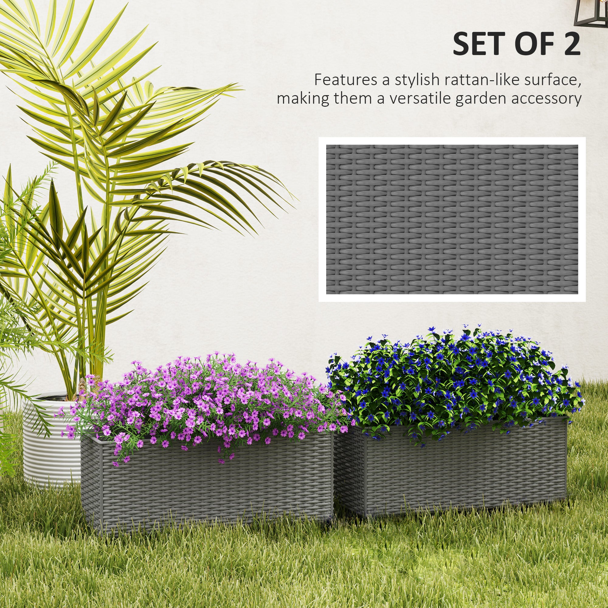 Set of Two Planters with Rattan Effect - Grey