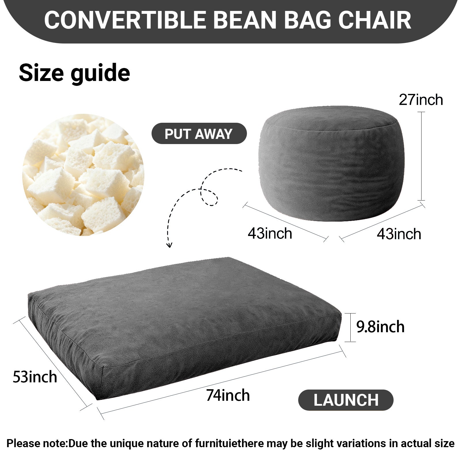 DBC-SHENHUI Convertible Bean Bag Chair Bed - 2-in-1 Lounge Solution