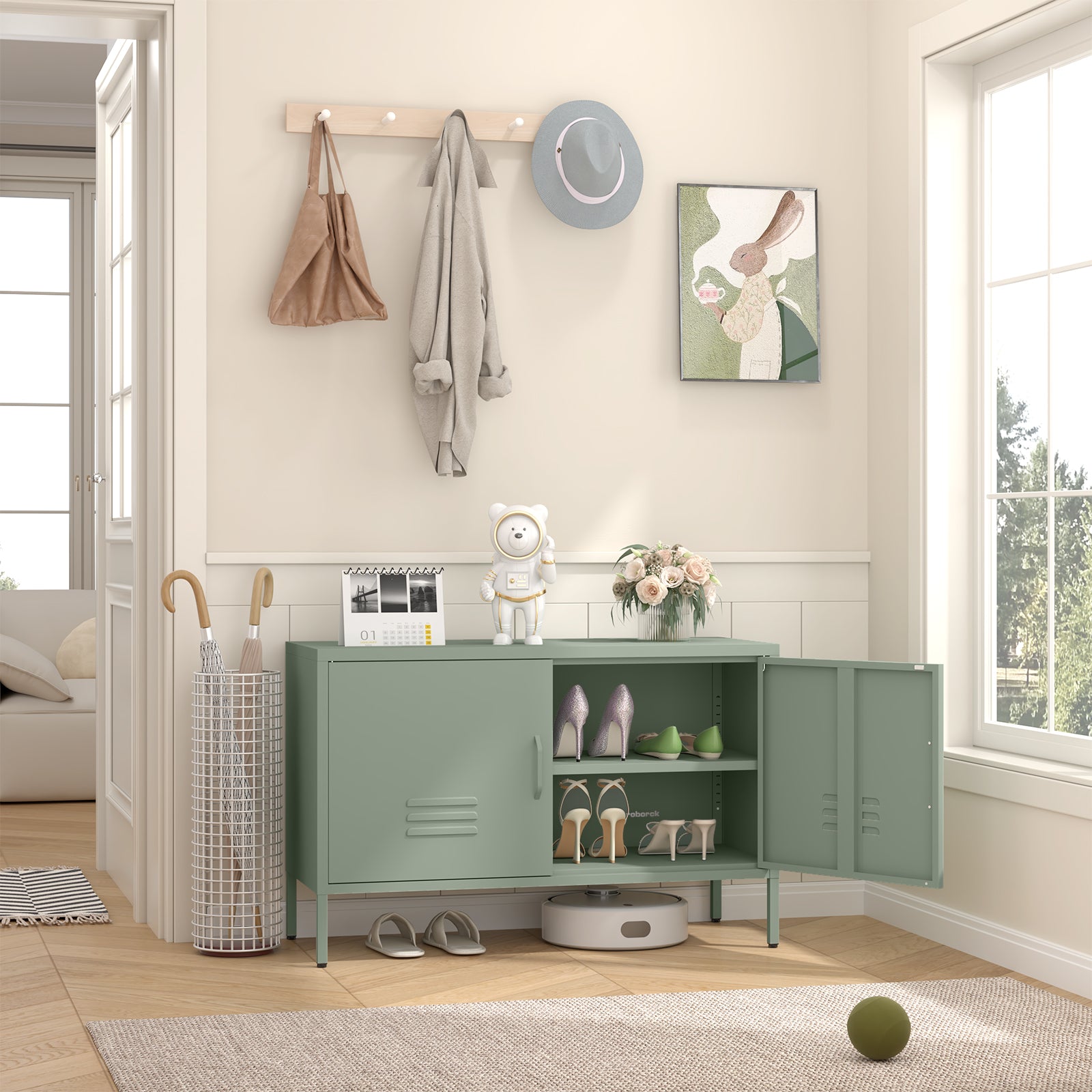 Metal Storage Cabinet with Adjustable Dividers and Cable Management, Green