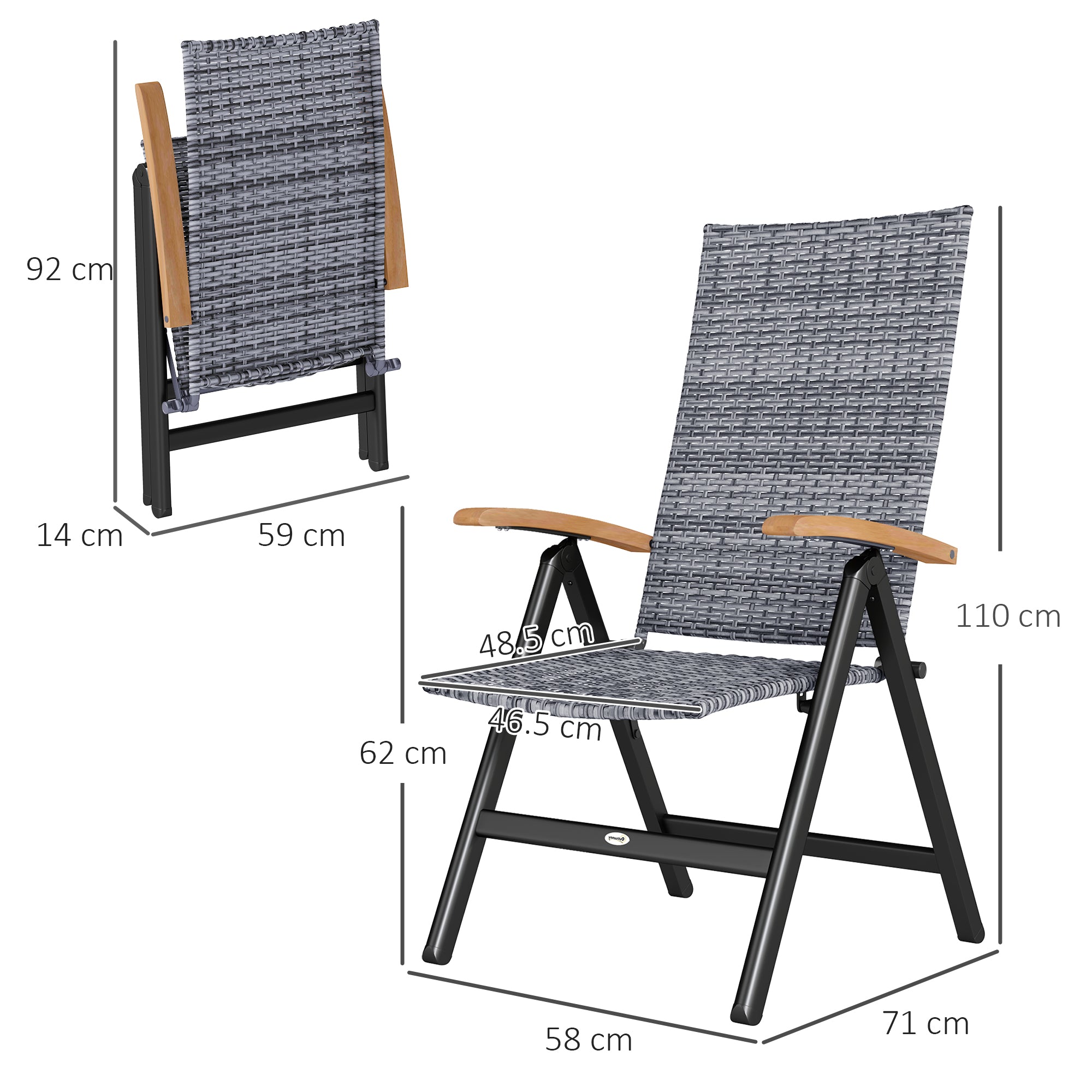 2 Pieces Folding Dining Chairs 5-level Reclining High Back Rattan Light Grey