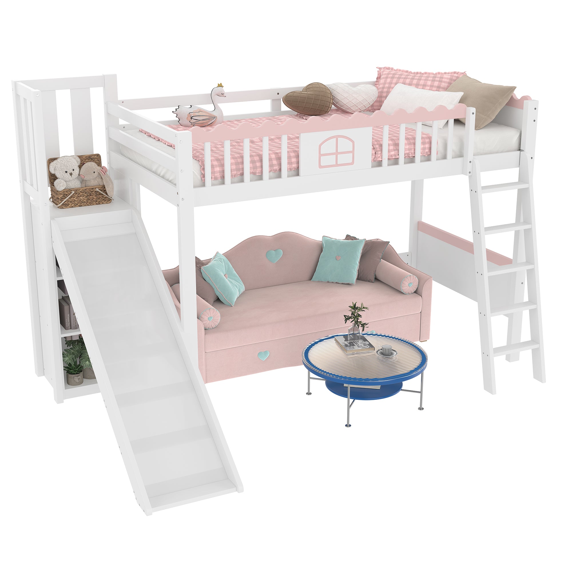 Bunk Bed with LED Lights, Shelves, and Slide, Pine Wood White