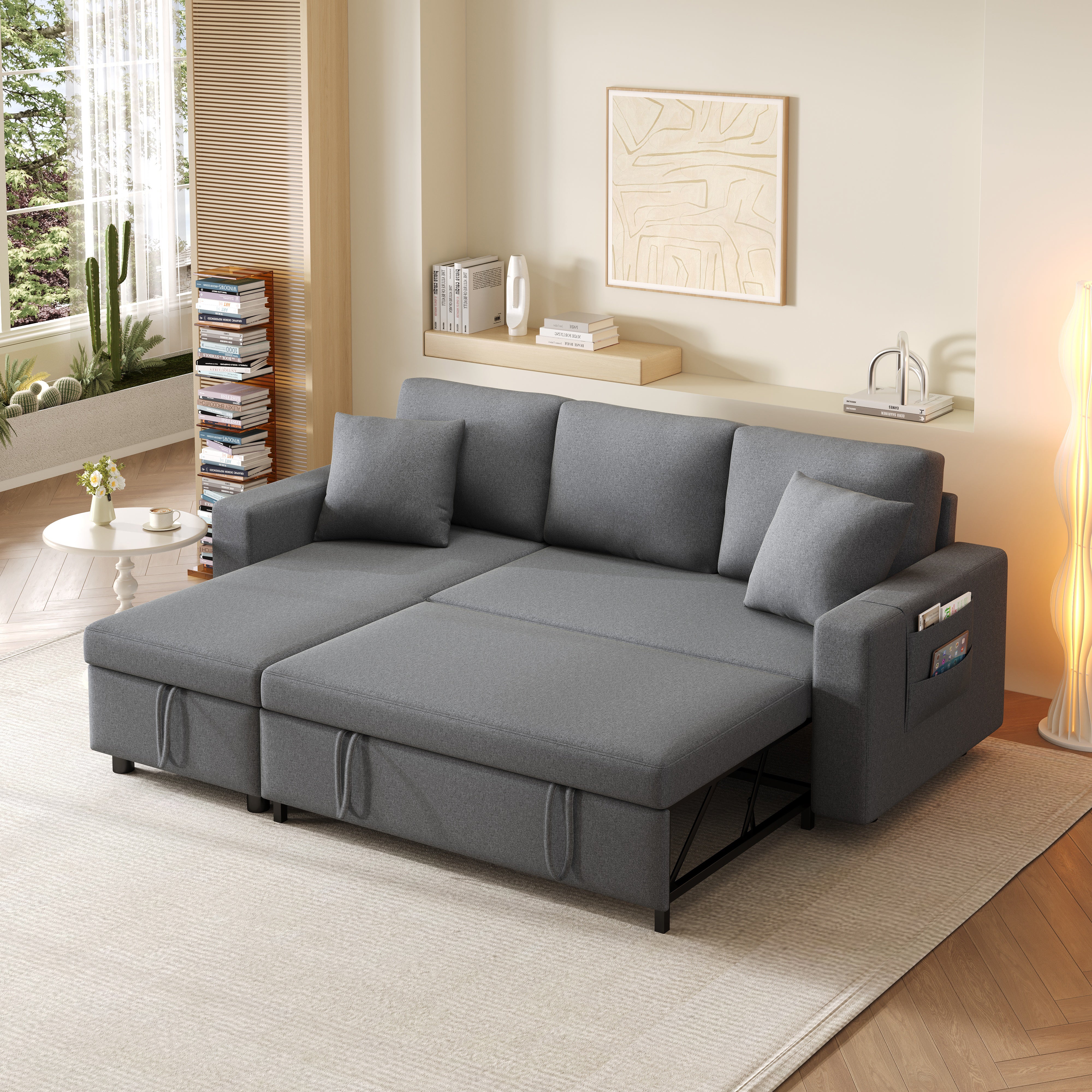 Sleeper Sofa L-Shaped Chaise Longue Storage Pocket Reversible