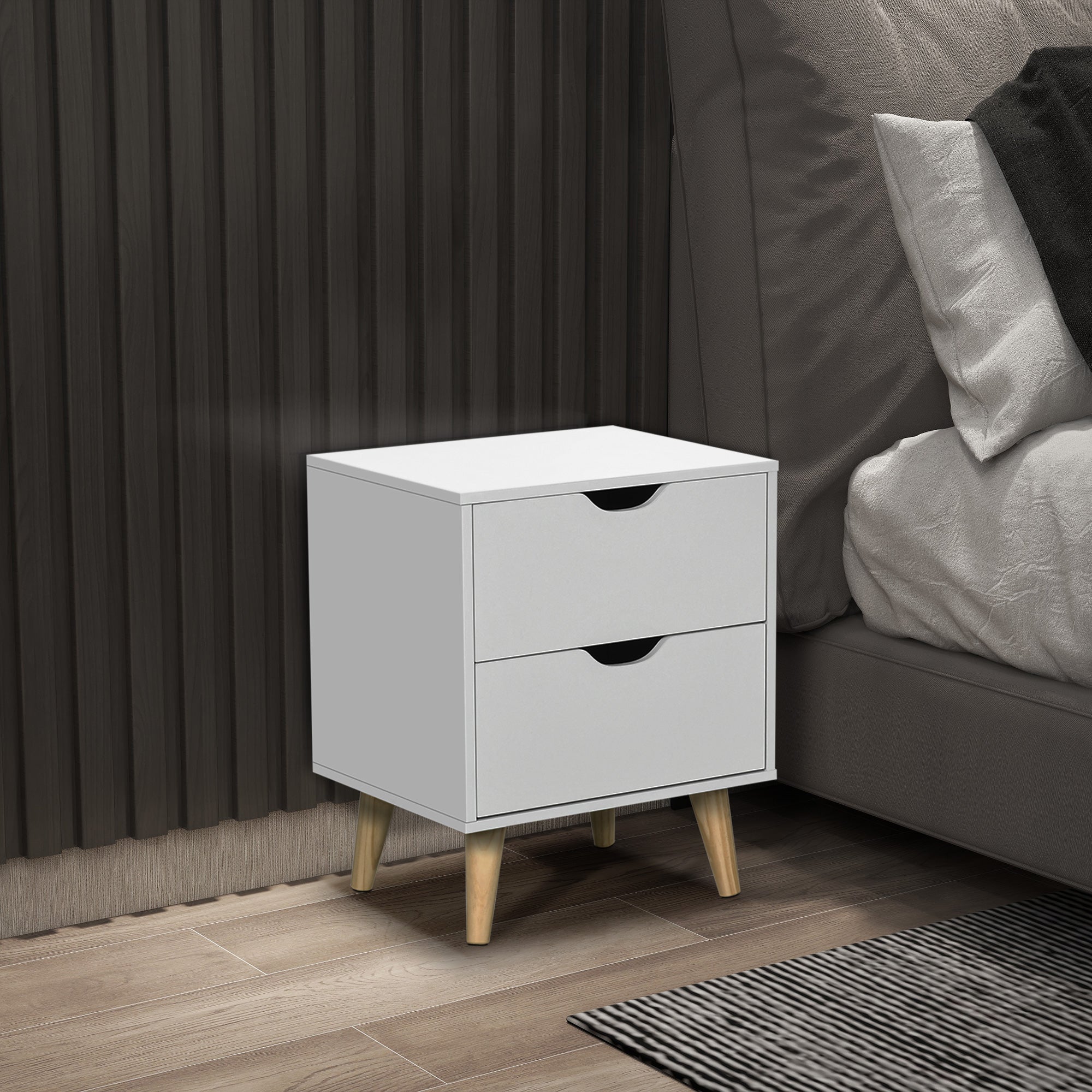Bedside Table with 2 Drawers, Pine Wood Legs, White