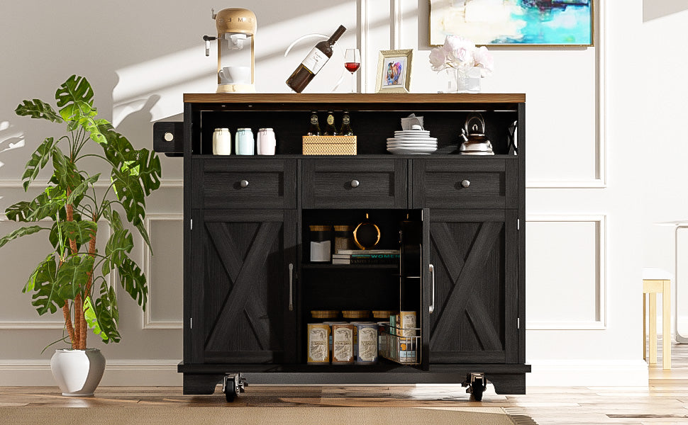 Kitchen Island Mobile Storage Cart with Dividers & Towel Rail - Wood Grain Black