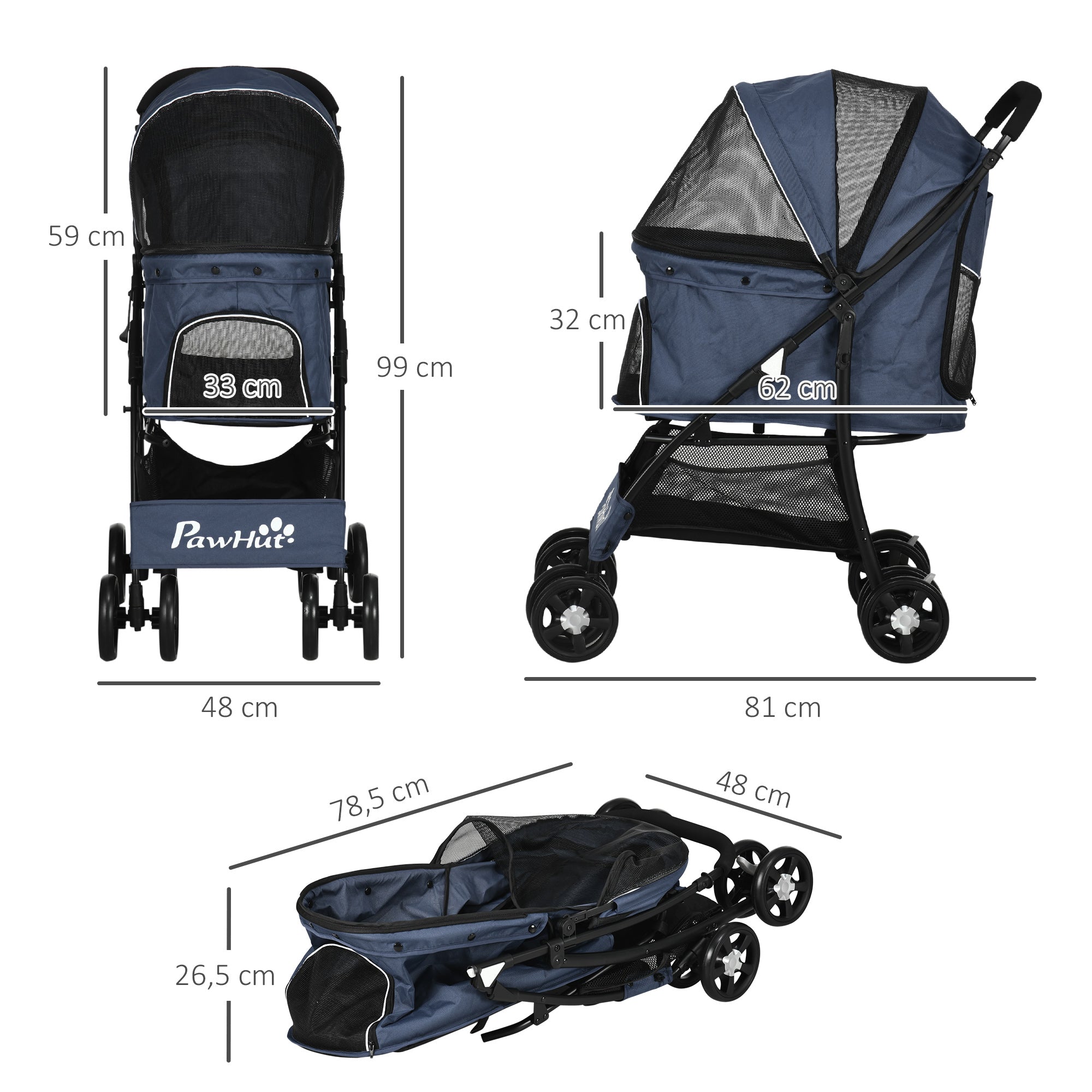 Dog Stroller, Foldable Buggy with Cushion, 4 Wheels, 600D Oxford Material