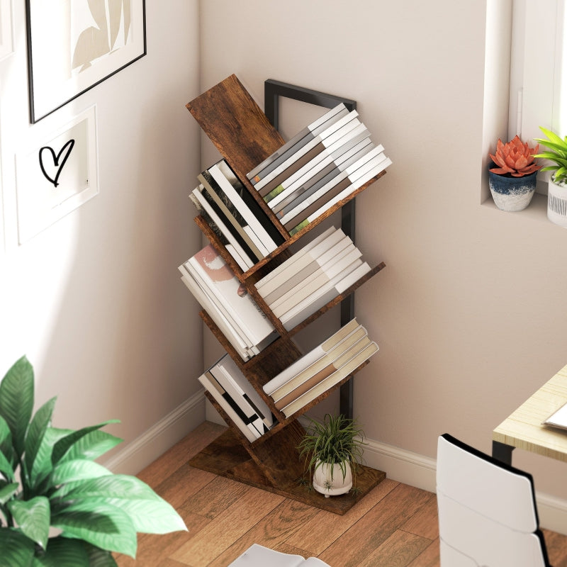 Tree Bookcase, Six-Section Storage Display, Wood-Effect