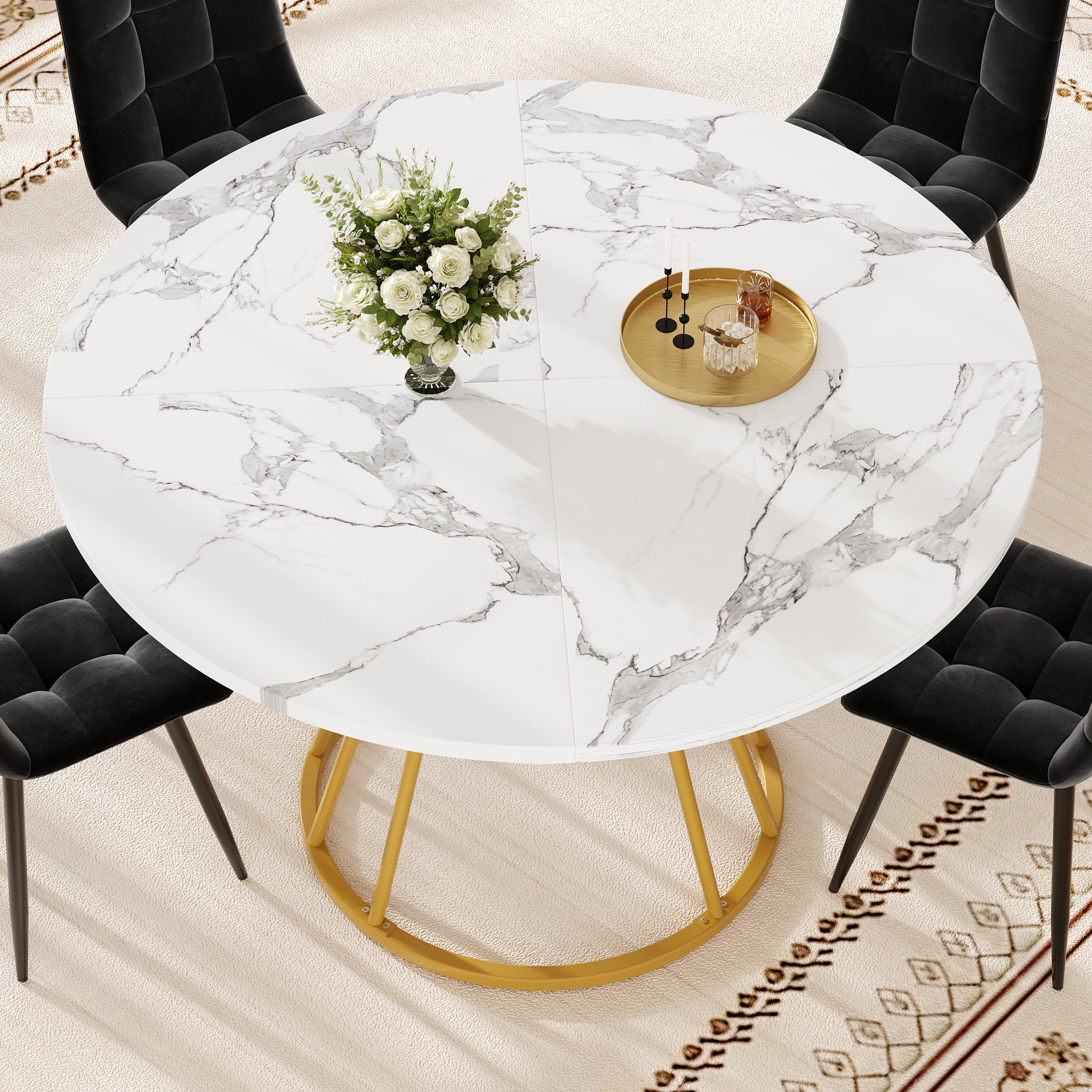 Round Dining Table, Metal Legs Marble Pattern, Gold/Black