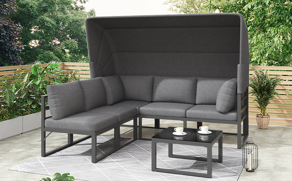 Garden lounge chair set iron, 4-piece seating group with stool table and awning, weatherproof gray