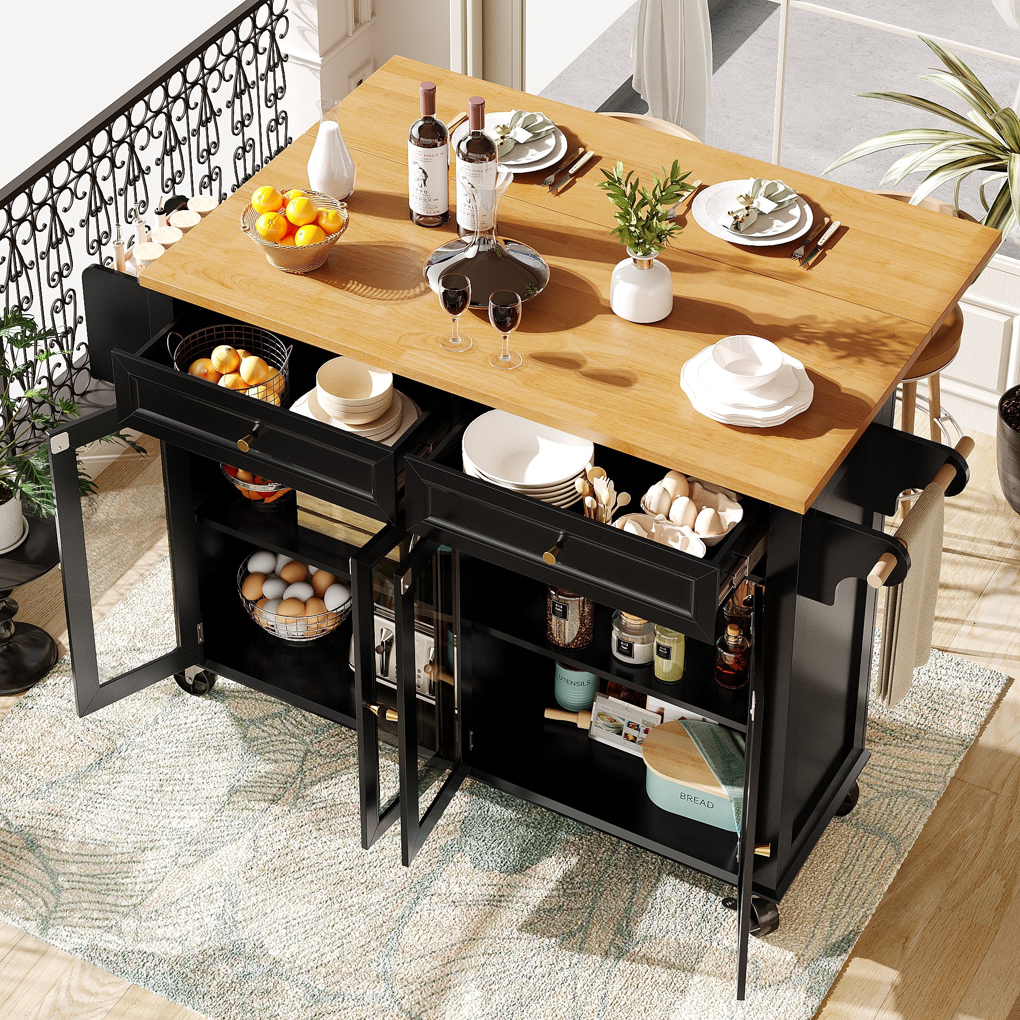 Kitchen Island Serving Trolley Mobile with Wheels Glass Doors Storage Black