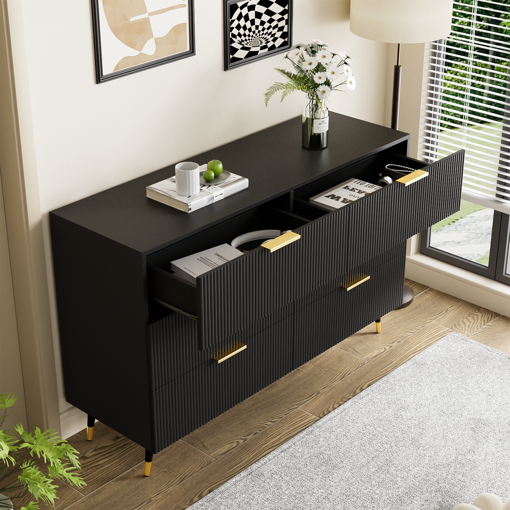 Sideboard, Modern Design Chest of Drawers, Black and Gold