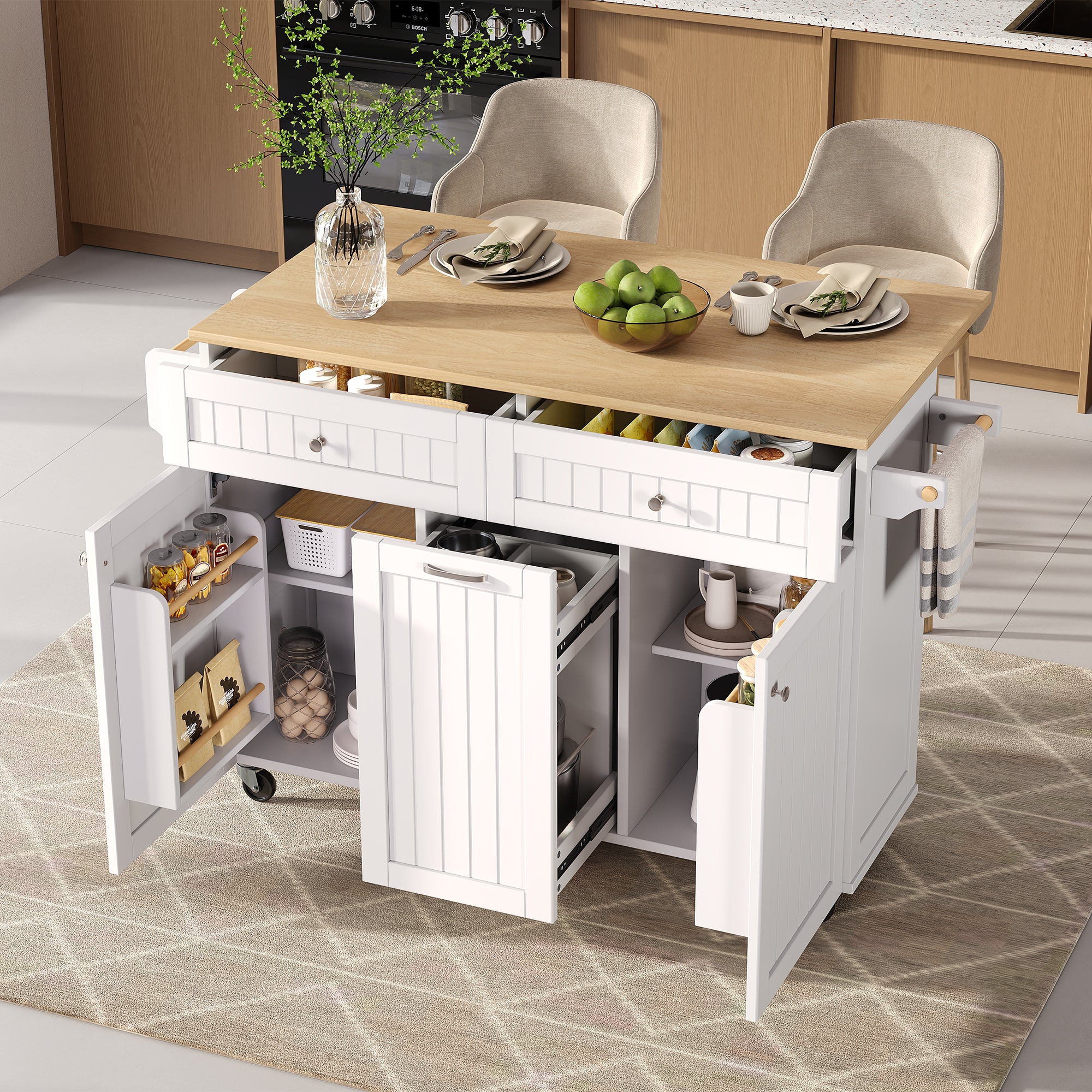 Kitchen Island Mobile Extendable Dining Area Drawers - White
