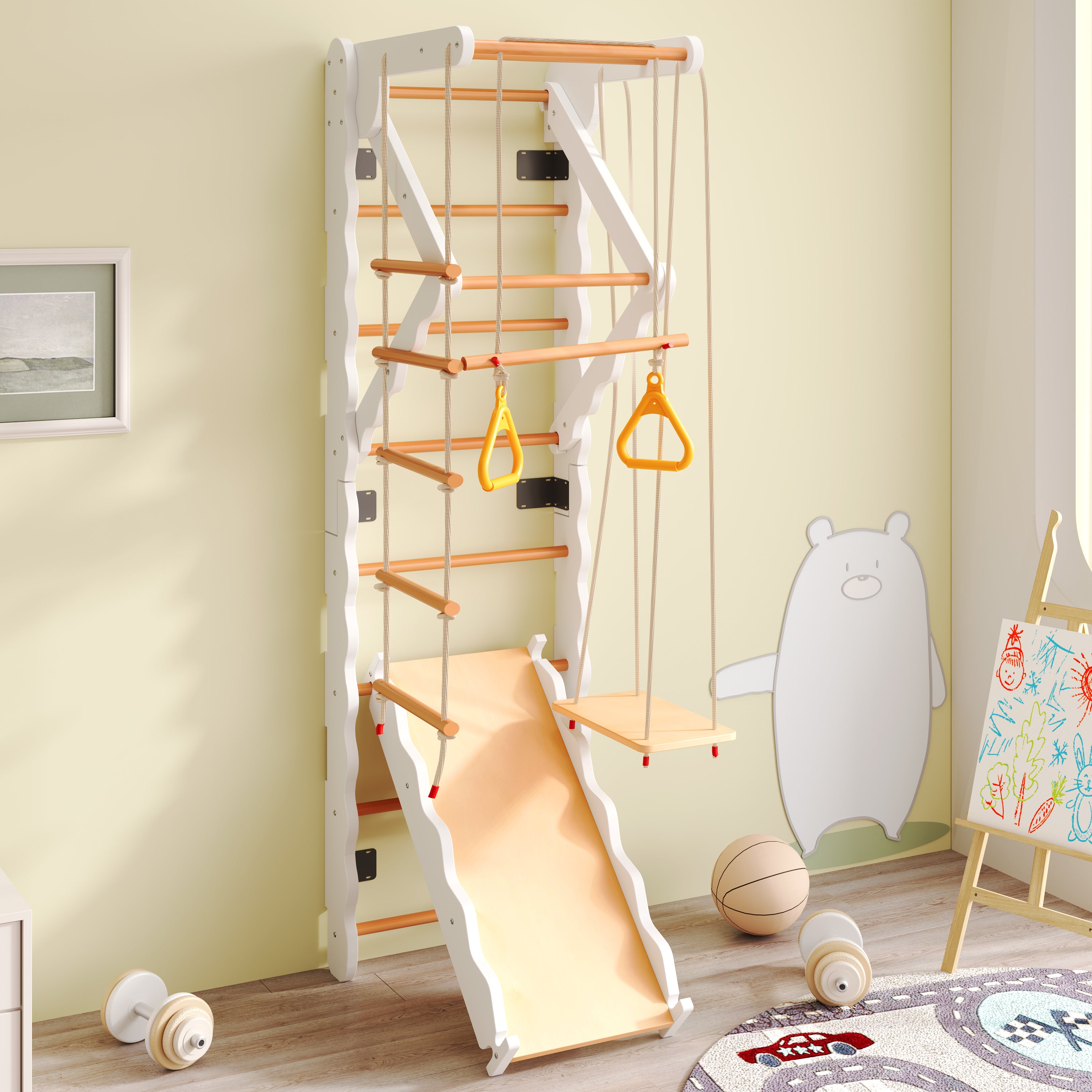 6-in-1 multifunctional climbing frame, wall bars, slide, swing, crawling ladder, pull-up area, rings, 50 kg, plywood, solid wood, beech