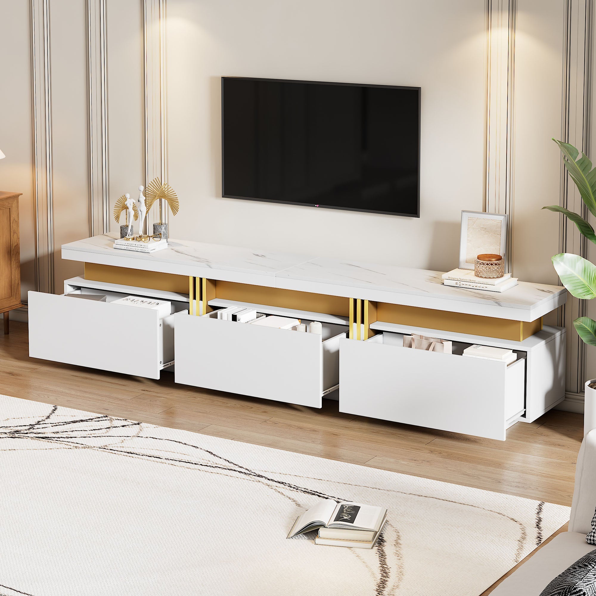 Luxury TV Stand with Faux Marble Top, 3 Drawers for TVs Up to 89'', Golden Panel, White