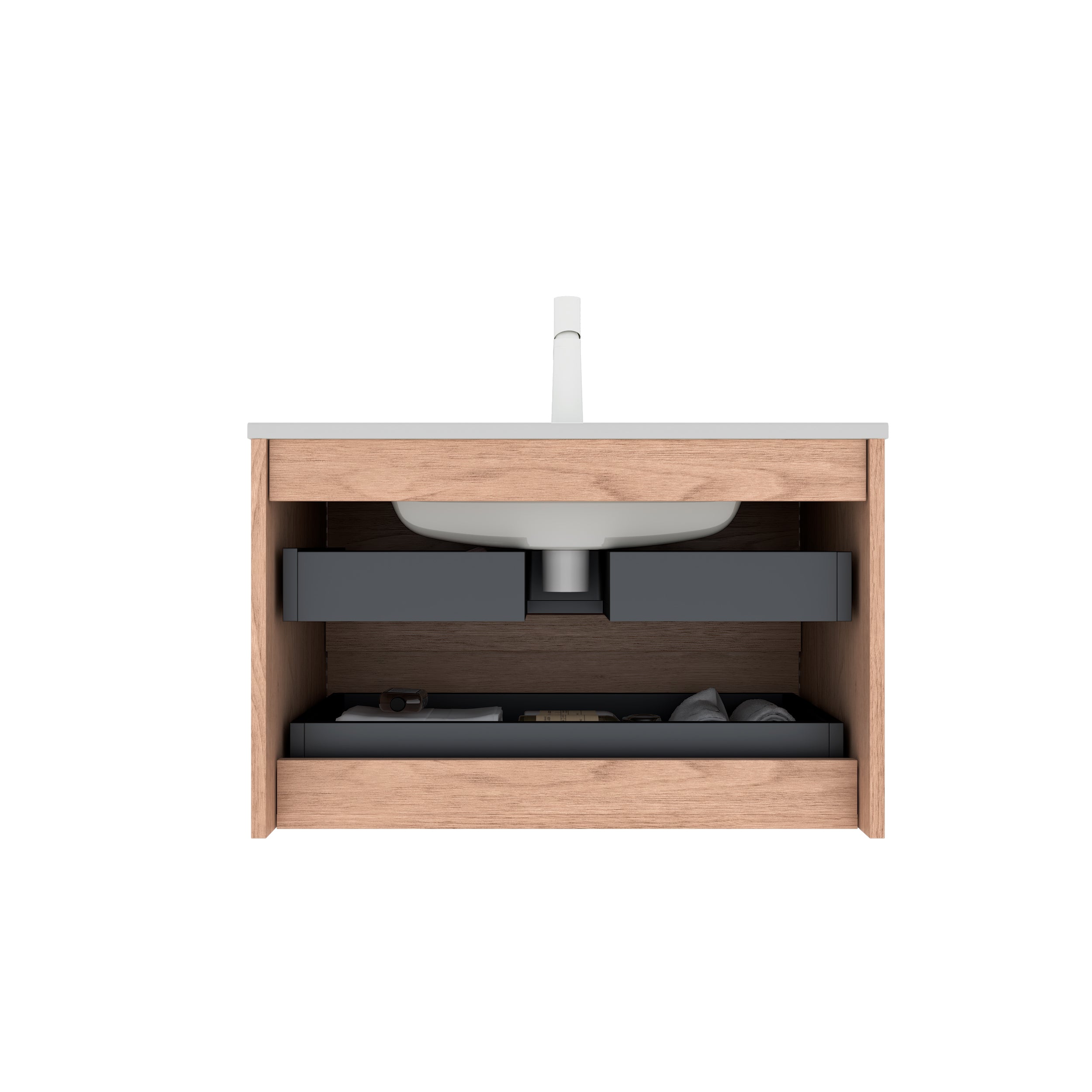 BRON Wall Mounted Vanity 81cm Ceramic Undermount Basin 2-Drawer Cinnamon Walnut Wood Grain