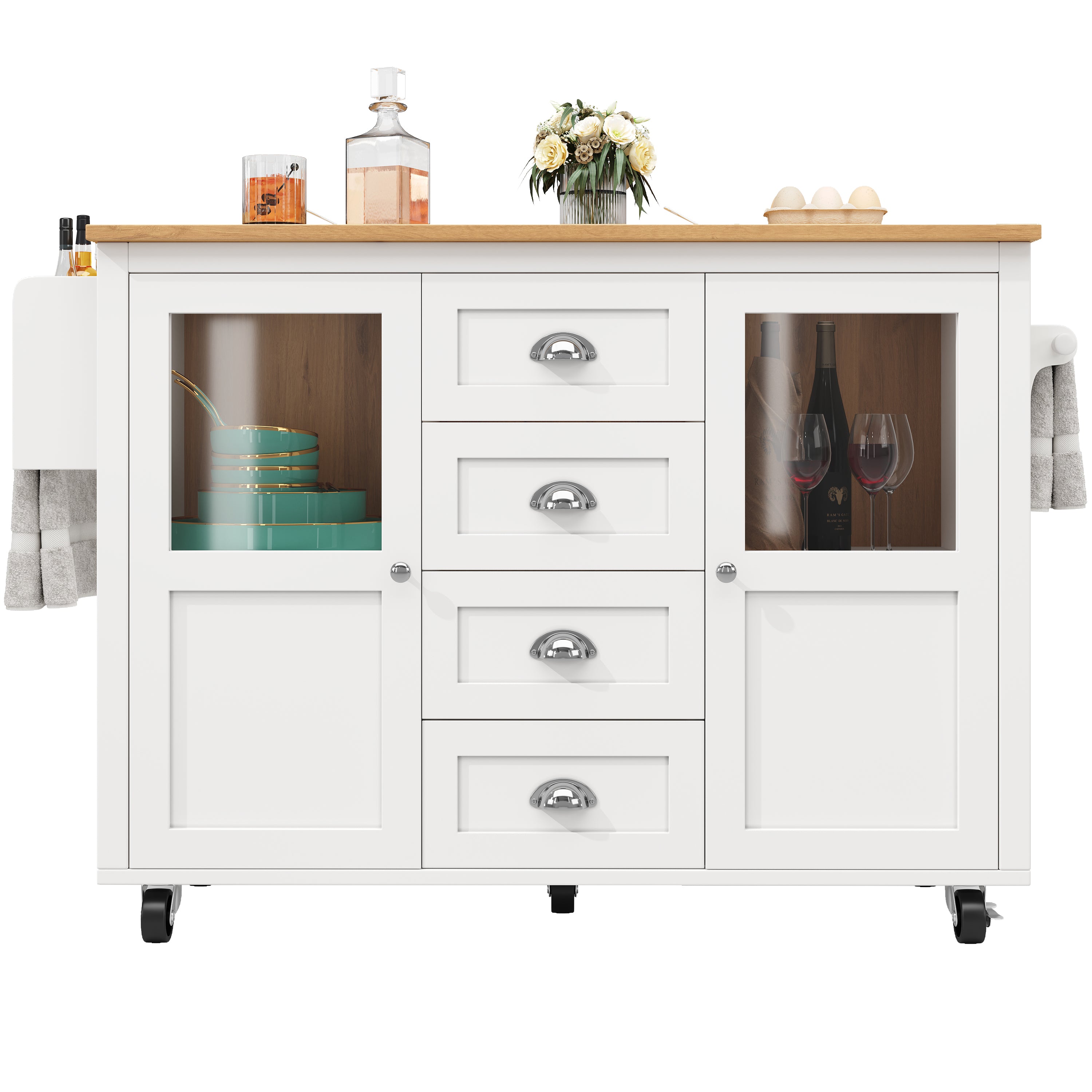 Kitchen Island with Extendable Trolley and Storage Drawers, White/Black