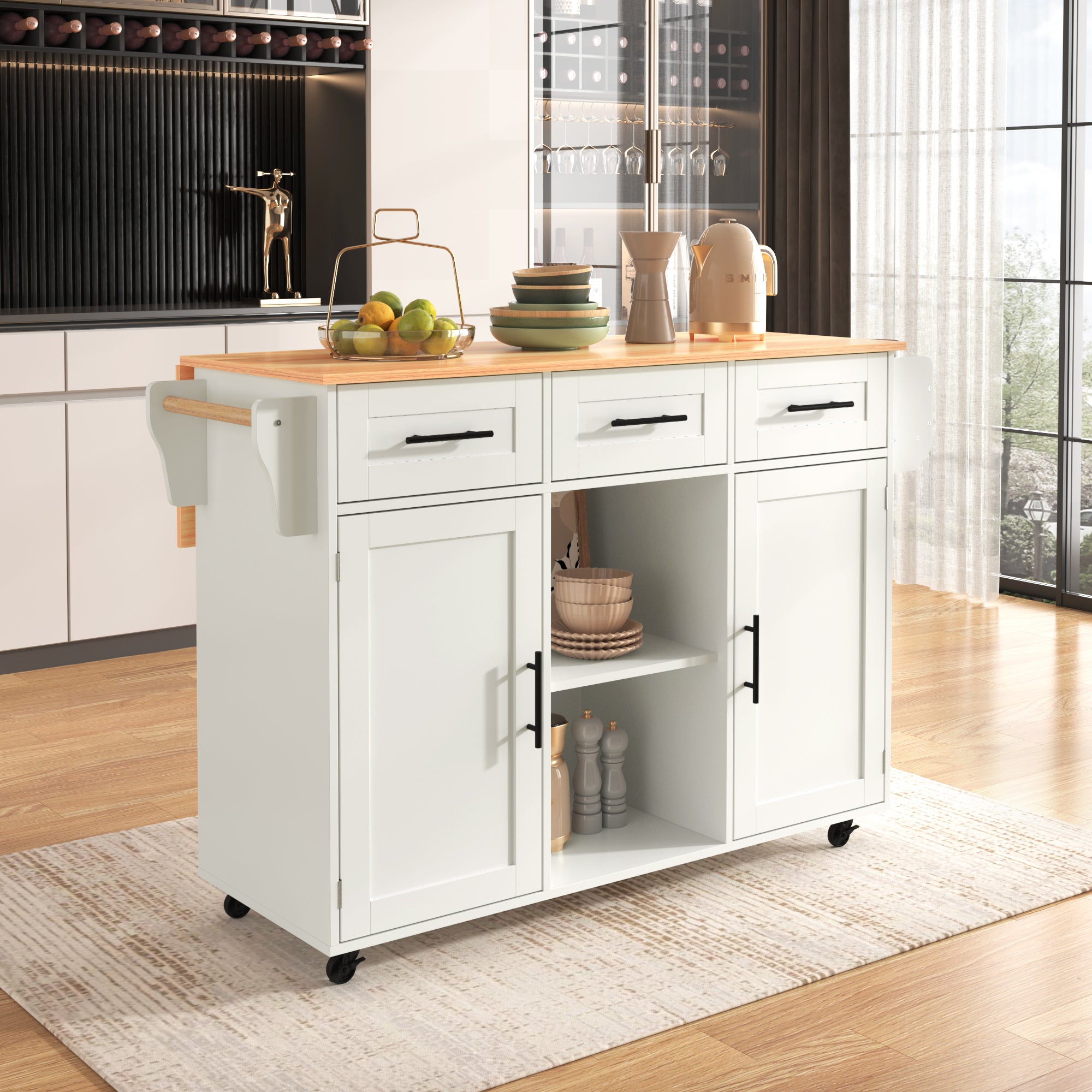 Dining Cart Sideboard 139cm Folding Worktop Storage on Wheels - White/Wood