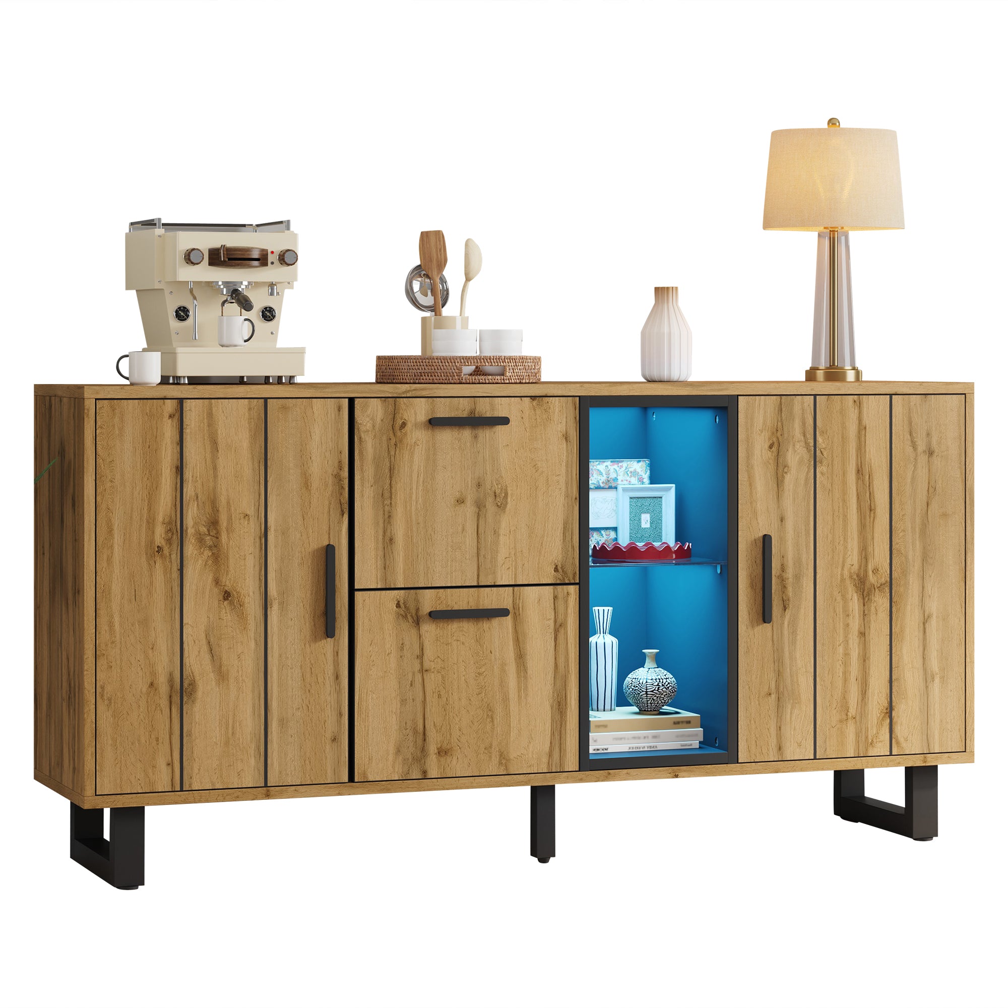 Sideboard 160cm Wide with 2 Drawers LED Light Strip Natural Wood/Black