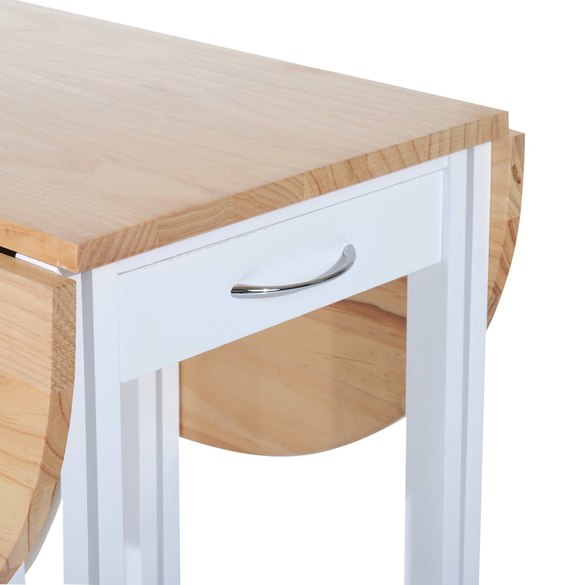 Folding 3 Pieces Bar Table Set, Mobile Drop Leaf with 2 Stools, Storage Shelf, Drawers, and Wheels, White