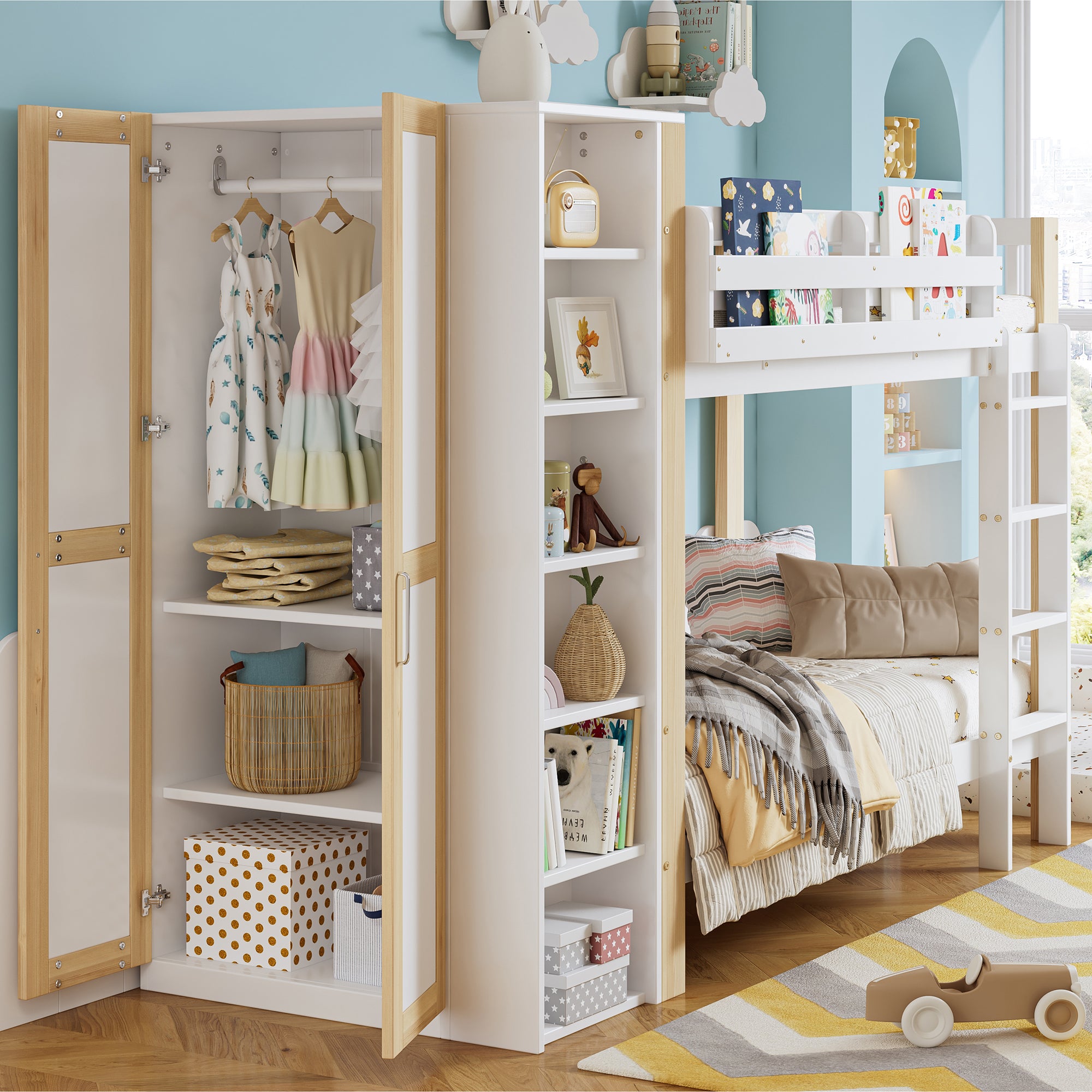 Bunk Bed, Child's with Ladder, Storage & Wardrobe, Pine+PB White+Natural