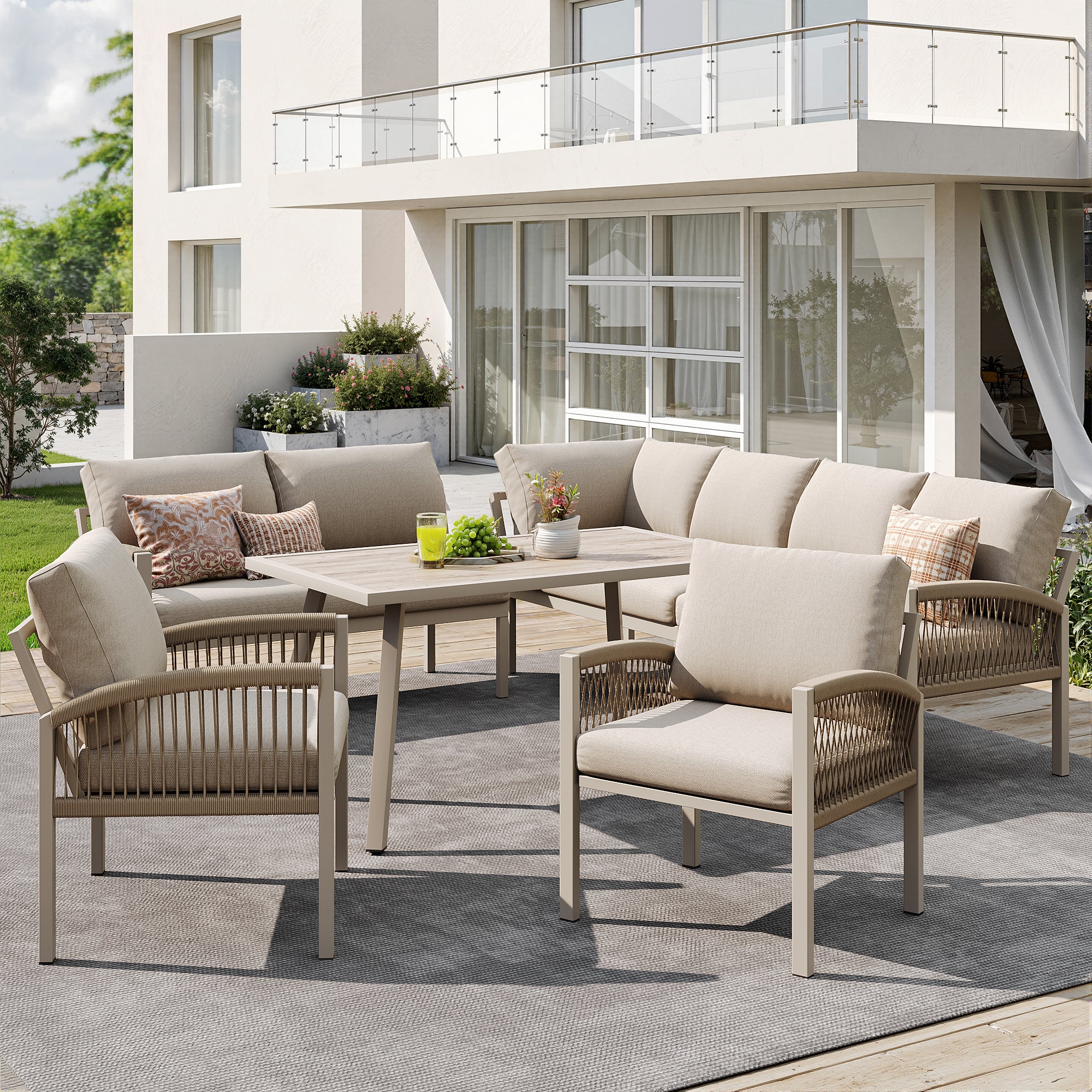 L-Shaped Garden Sofa Set 8-Seater with Table 2 Woven Armchairs Weatherproof - Beige/Iron