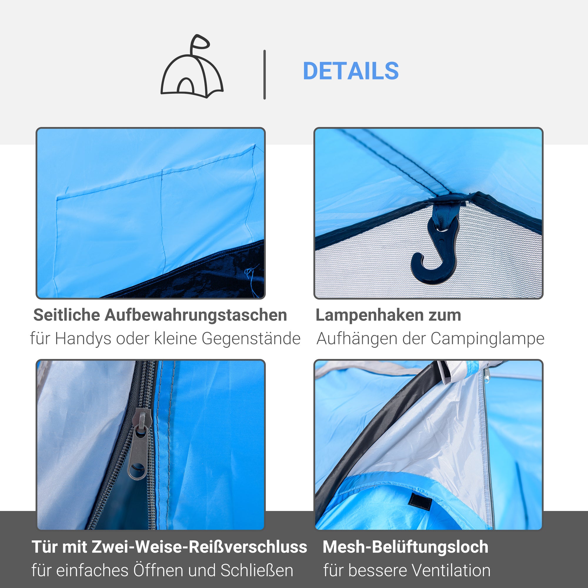Tunnel Tent 2-3 Person Camping Tent with Pegs, Fiberglass & Polyester, Light Blue