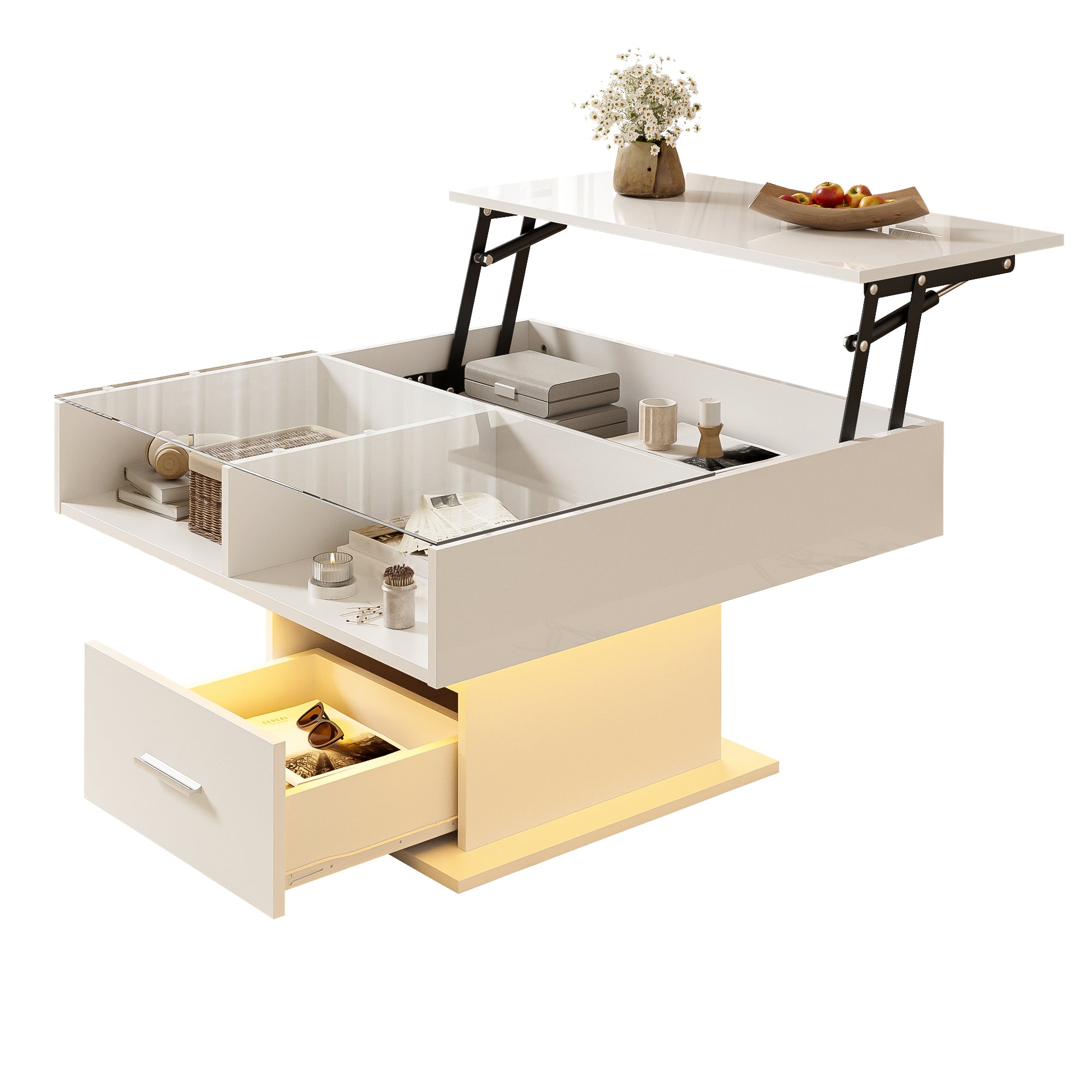 Multifunctional high-gloss lift coffee table with LED lighting, adjustable height & flexible storage space, modern design