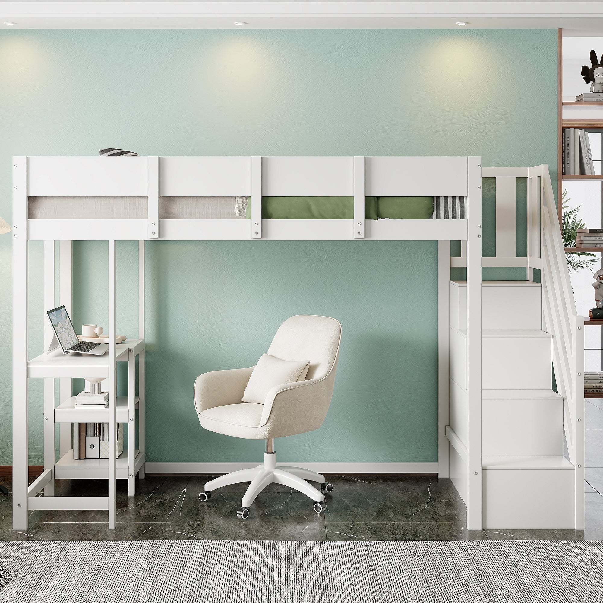 Bunk Bed, Multifunctional Loft with Storage & Shelf, Pine Wood, White