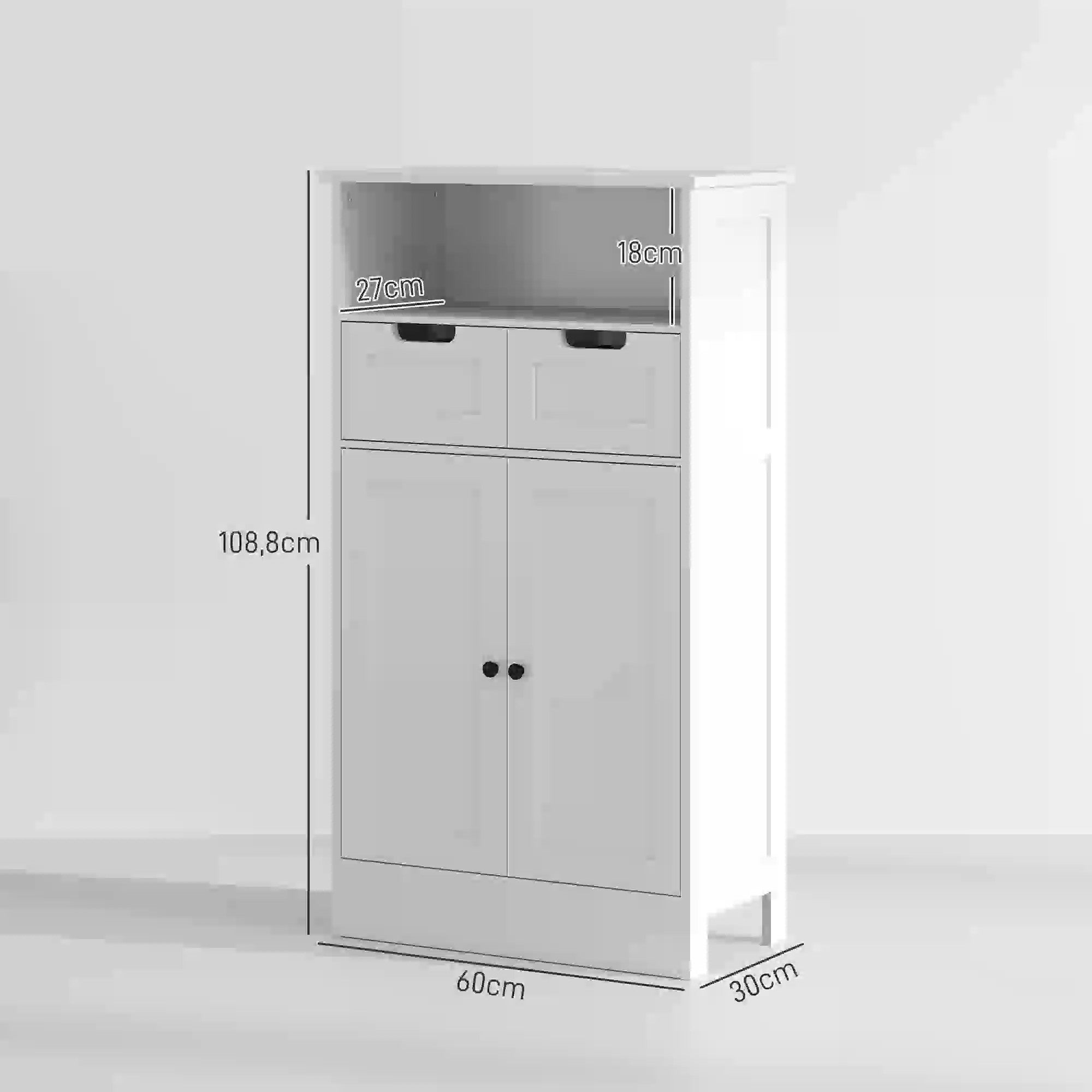 Bathroom Cabinet Storage Adjustable Shelf 2 Drawers Door 60x30x108.8cm White