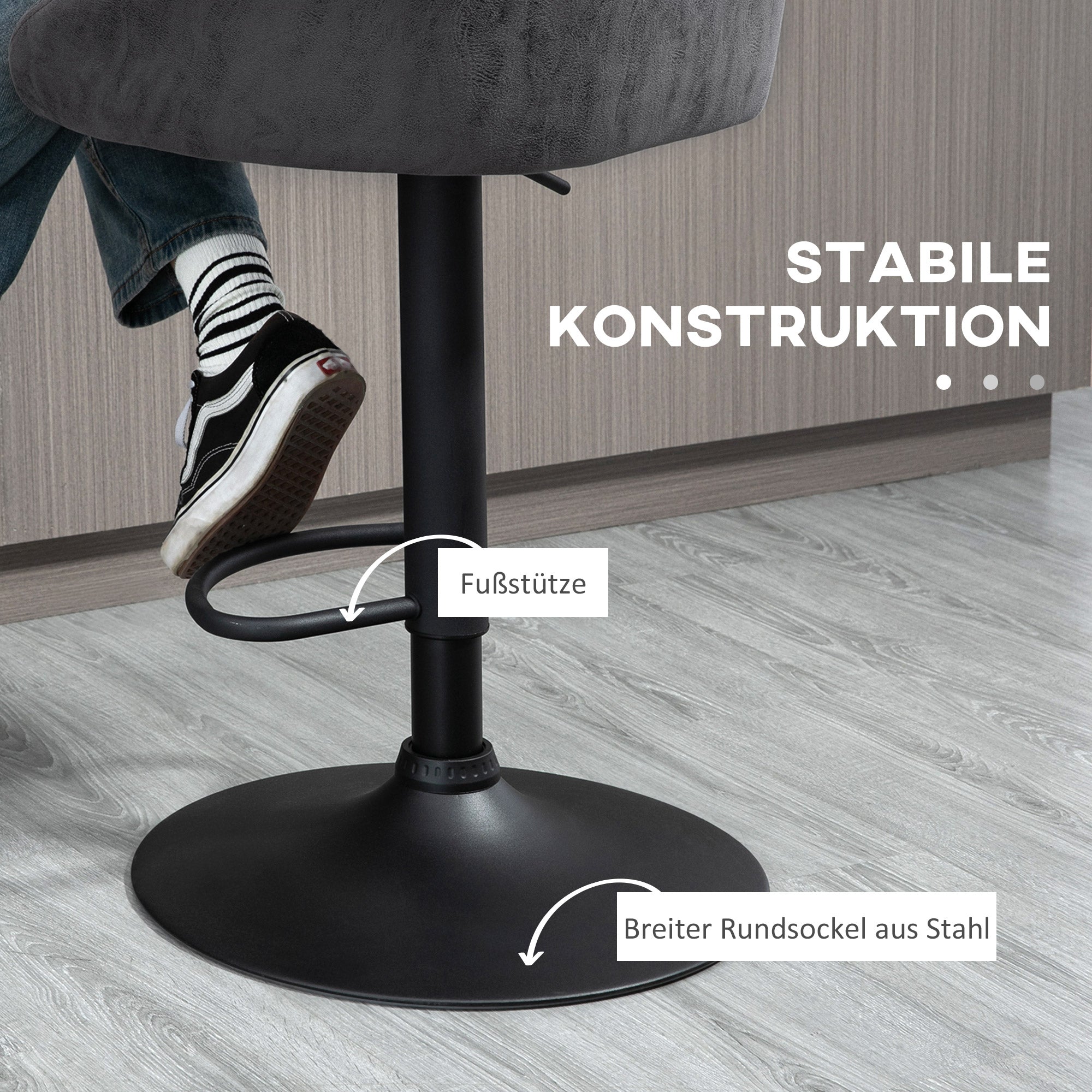 Bar Stools Set of 2, Height-Adjustable with Armrests & Backrest, Faux Leather Grey