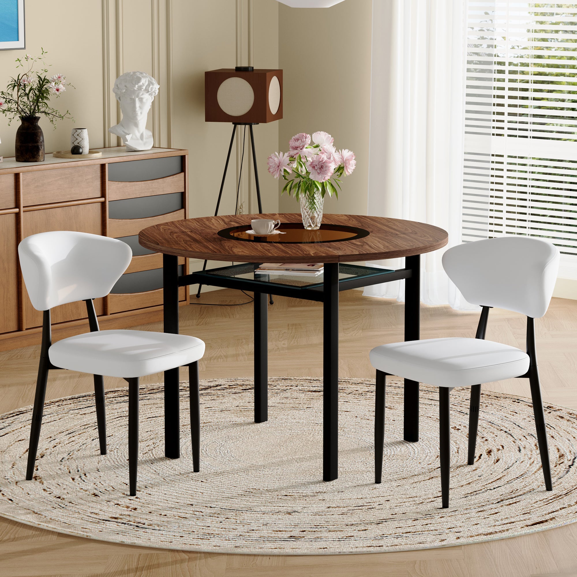 Modern Minimalist Round Table Set, 100cm Diameter, Wood Look & White PU