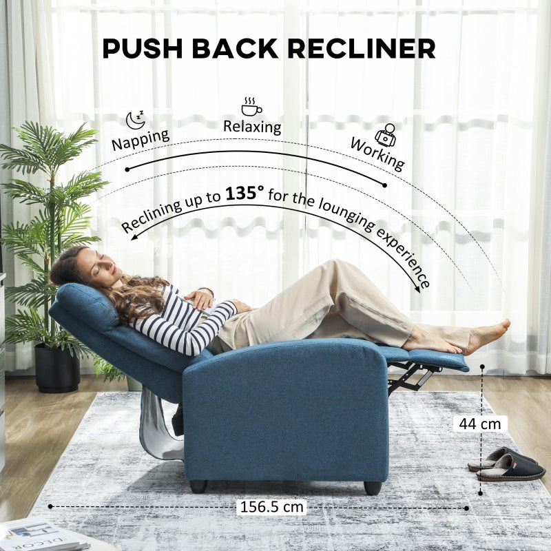 Push Back Recliner Armchair with Footrest, 135° Reclining - Blue