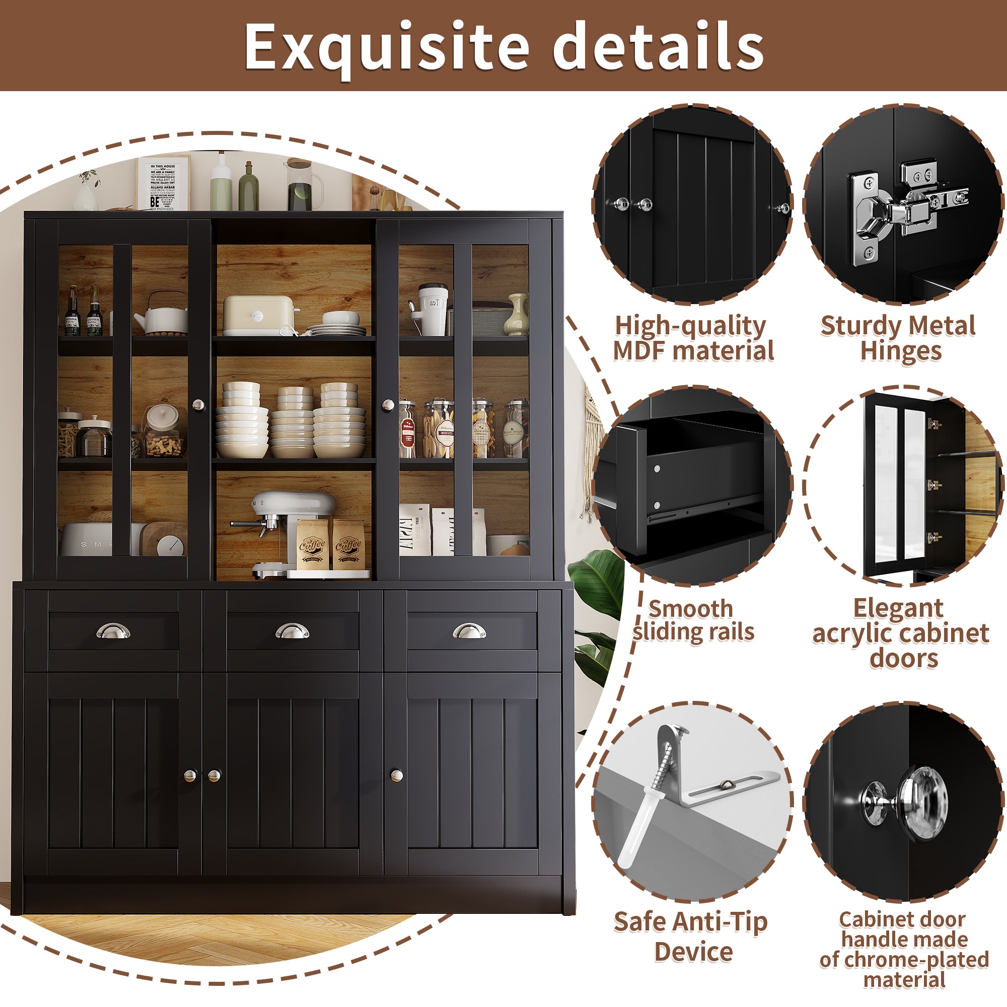 Minimalist Tall Display Cabinet with Drawers and Storage, Black