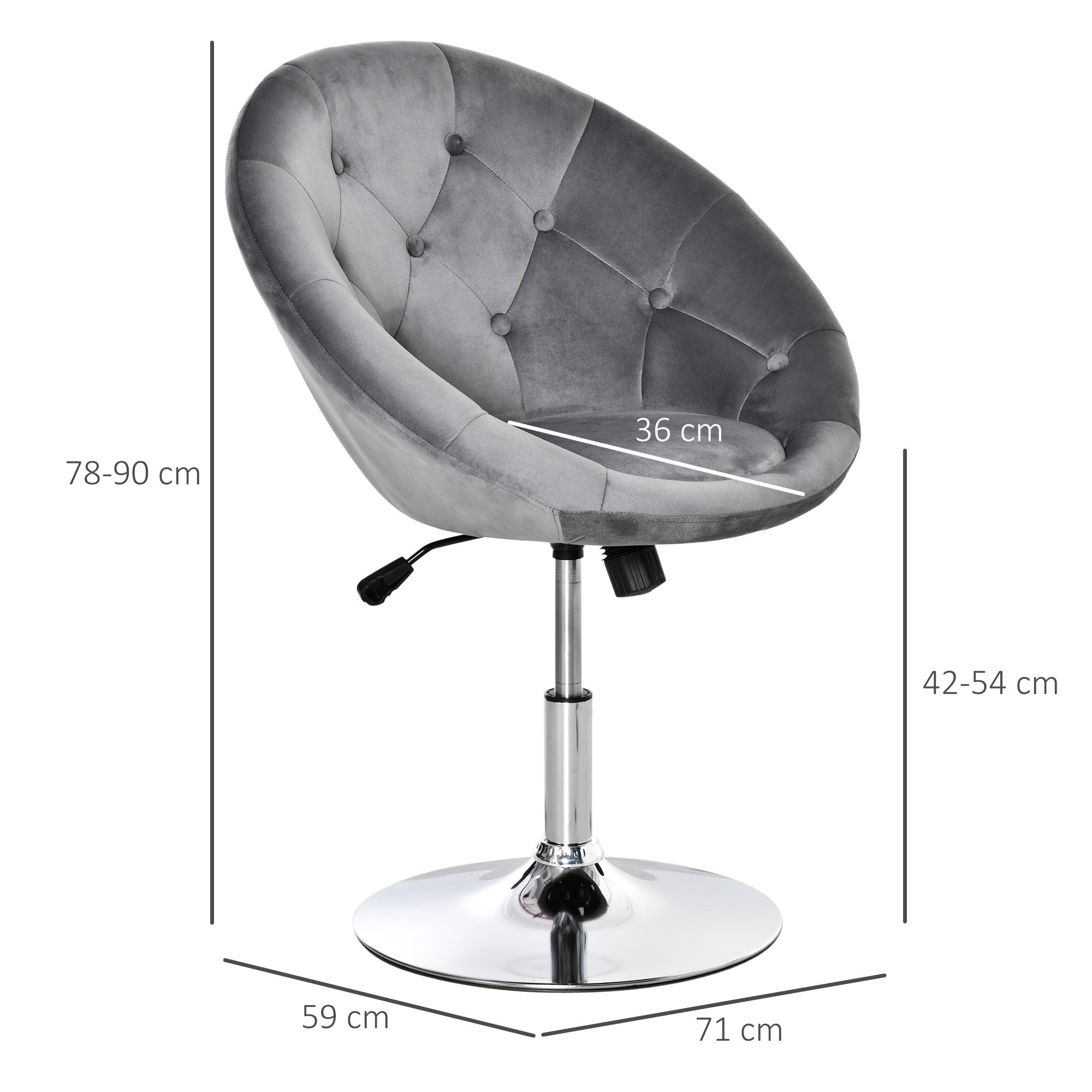 Swivel Dressing Stool, Adjustable Height Velvet Upholstered, Grey