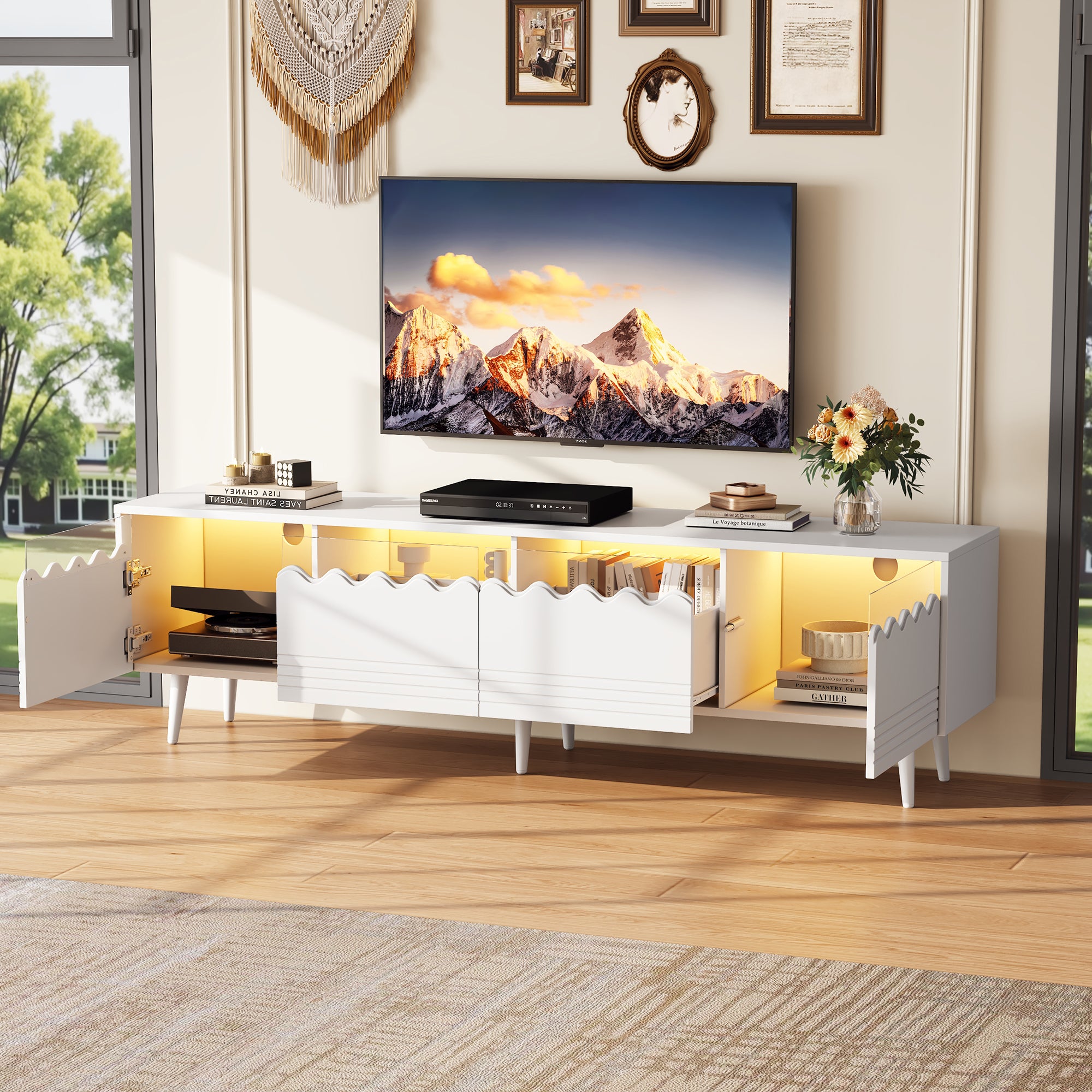 TV Stand, 176x38x45cm Lowboard with 2 Drawers & 2 Cabinets for up to 75 inch TVs, White
