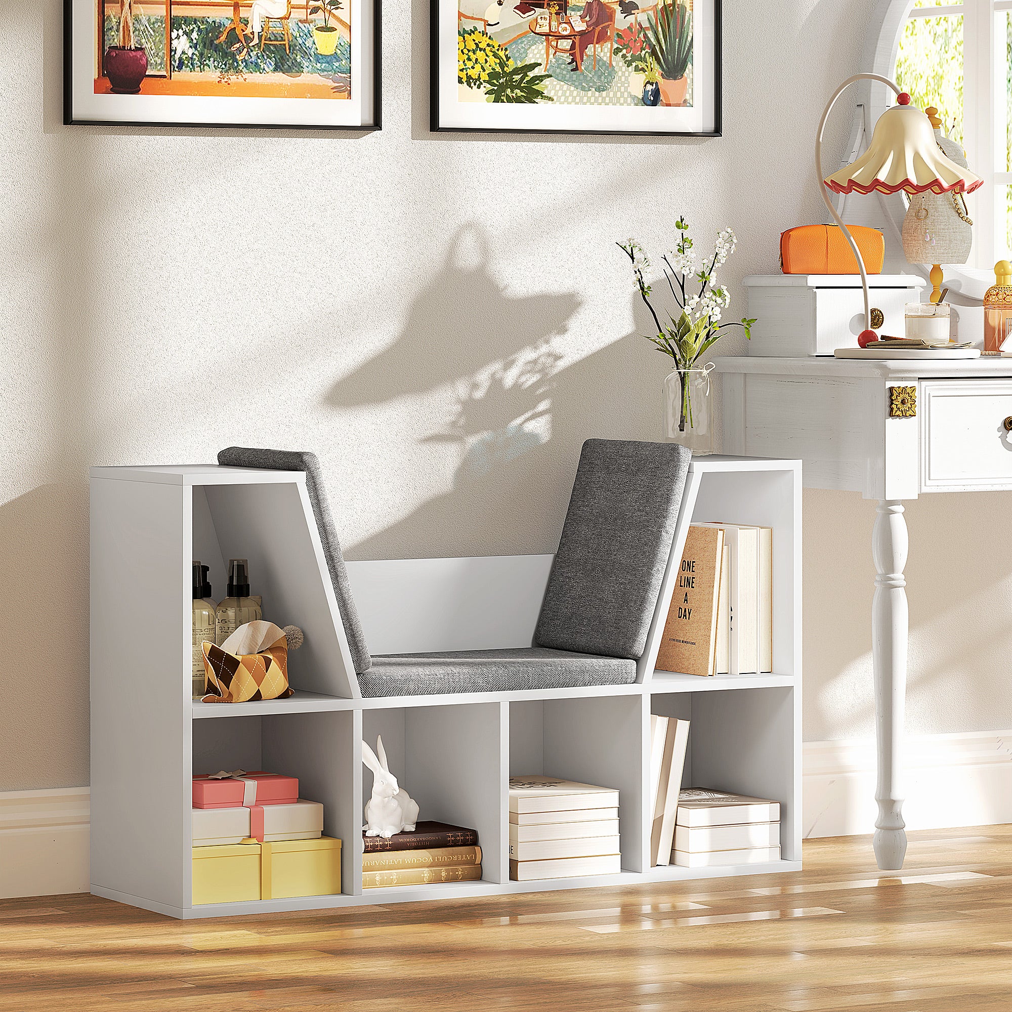 Bookshelf Storage with Seat Cushion 6 Compartment, Linen Look White