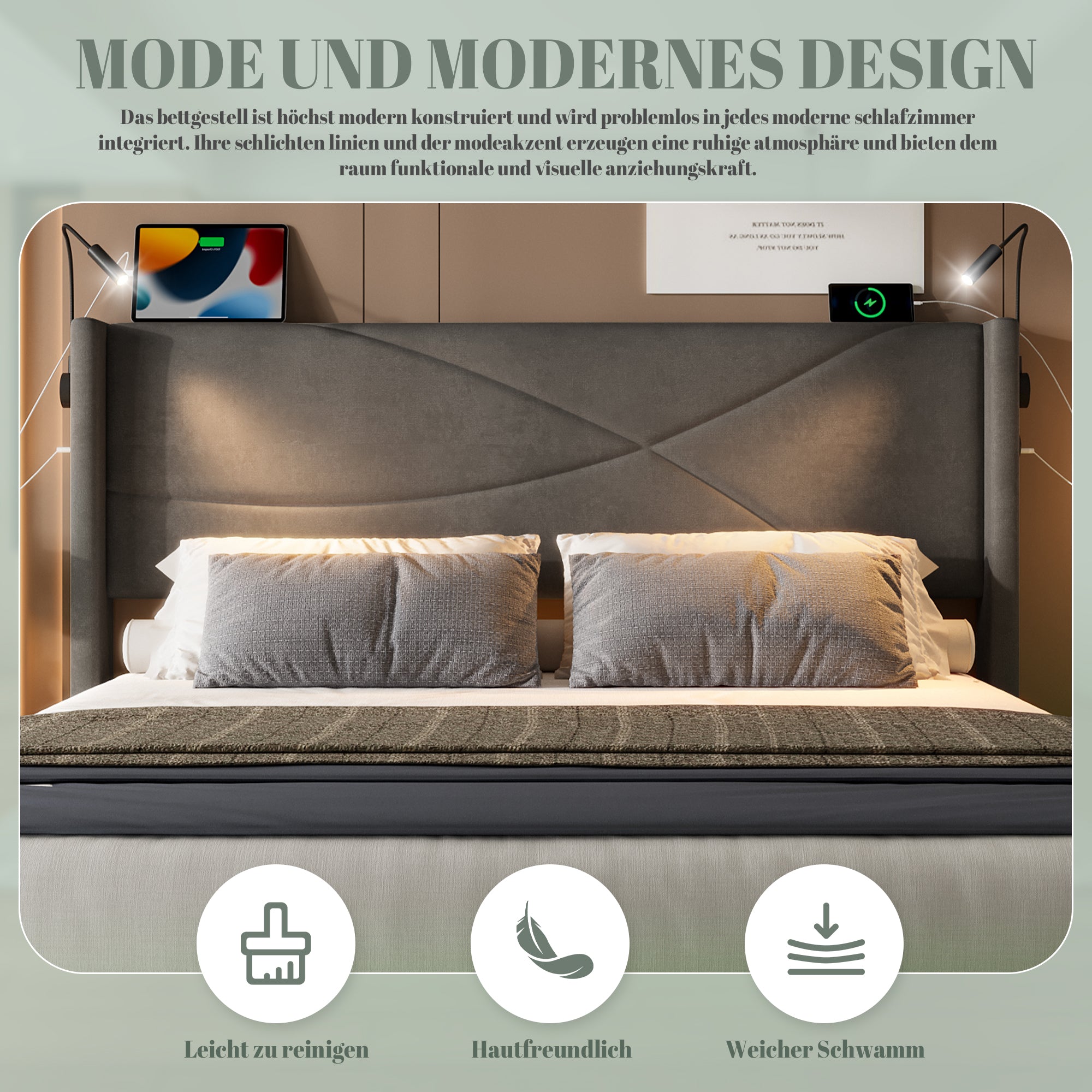 Bed Frame, Modern Design 160x200cm, Hydraulic Storage, LED Lights, USB Ports