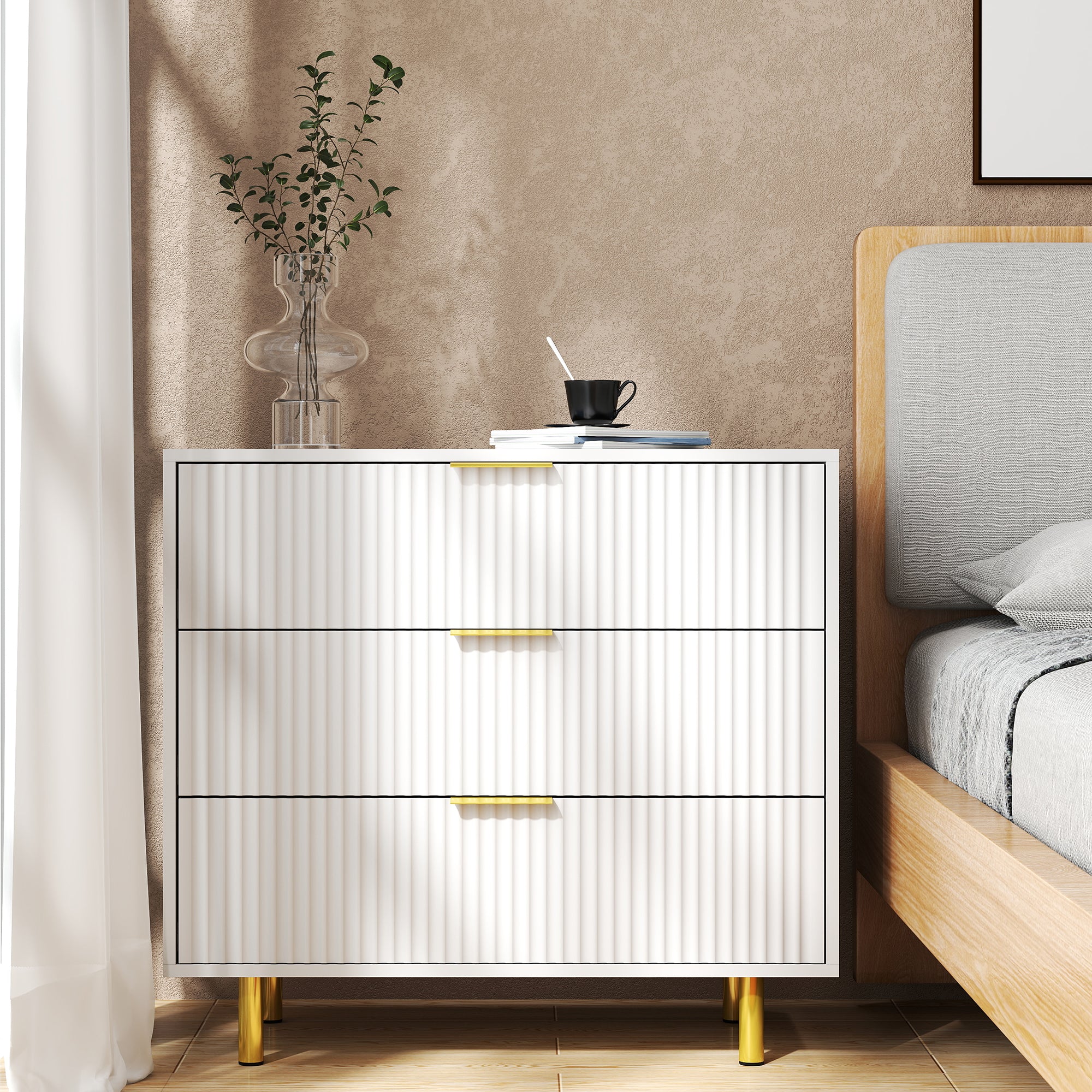 Chest of Drawers Sideboard 3 Drawers Modern Design - White and Gold