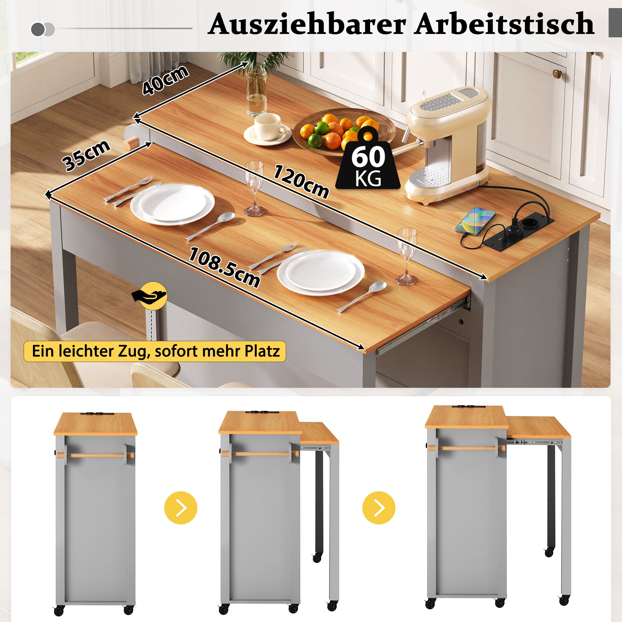 Kitchen Island on Wheels Extendable Worktop Waste Bin Power Strips - Grey