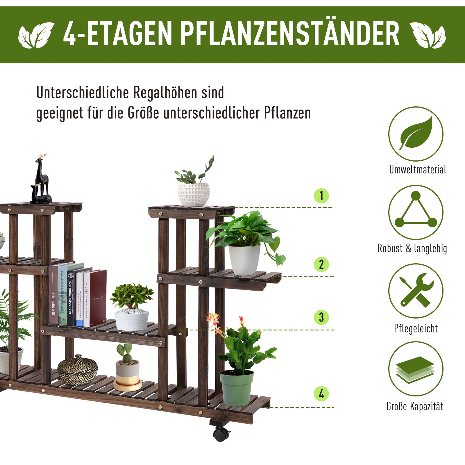 Flower Stand/Plant Shelf, Four-Tier, 123.5x33x80cm, Solid Charred Wood