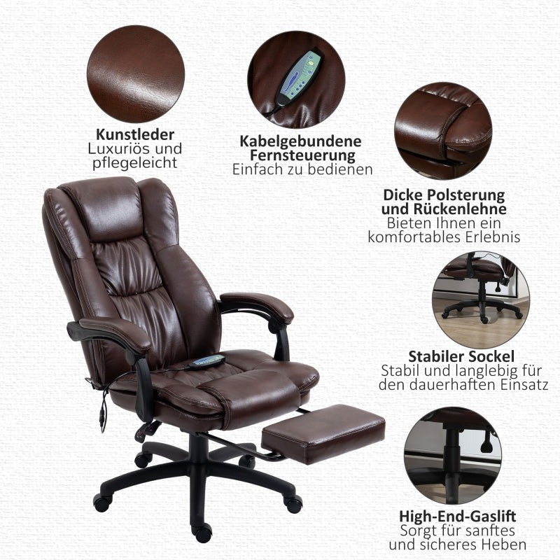 Vinsetto Adjustable Swivel Chair with Footrest, Headrest, Massage Function, Faux Leather, Brown